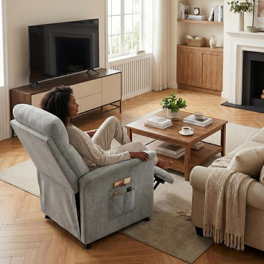 Power Recliner Chair for Adults with Heat & Massage - Soft Fabric Electric Reclining Sofa with Remote Control, 3 Side Pockets, 180° Lay Sleeper for Living Room Home Theater, Light Grey