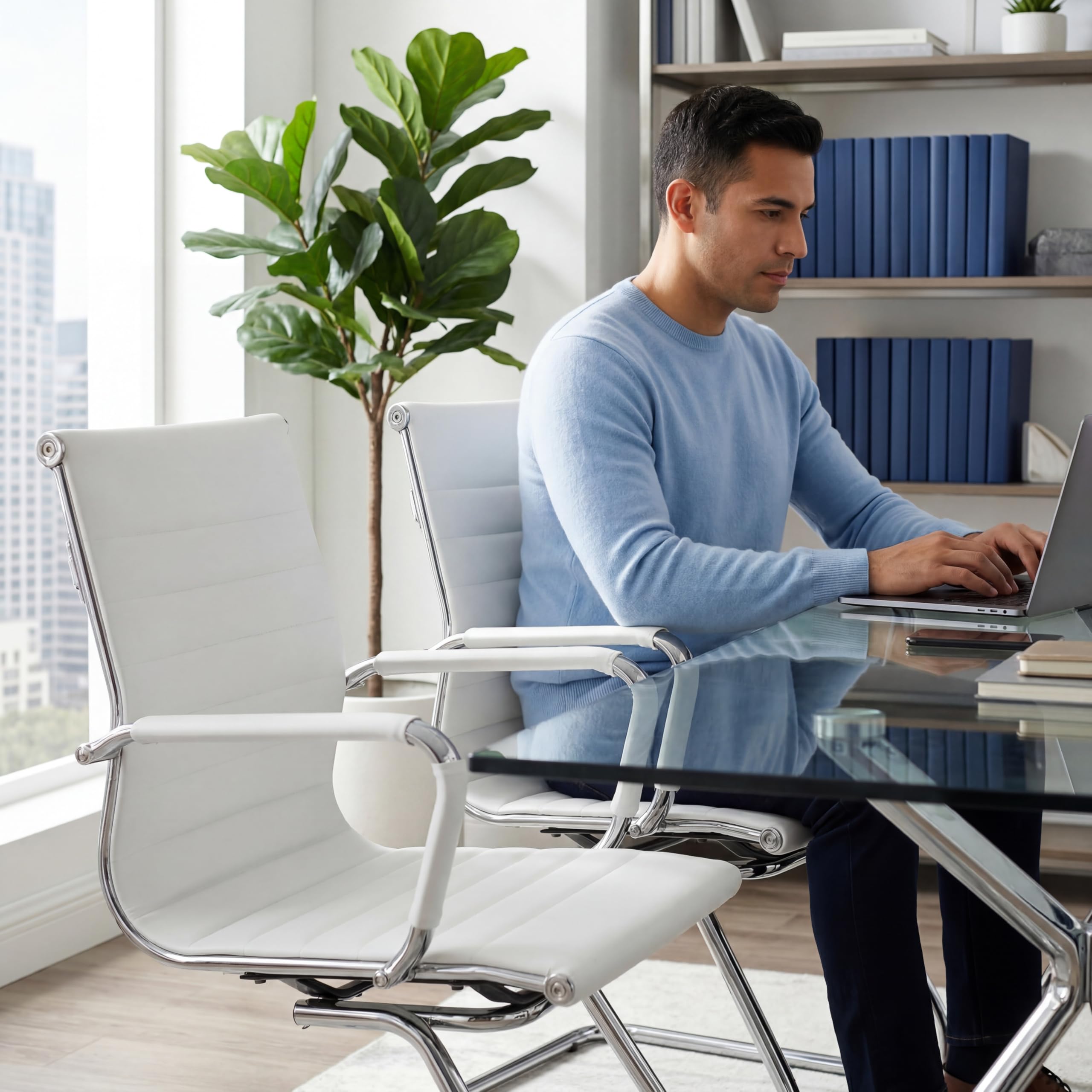 Conference Room Chairs Set of 8, Waiting Room Chairs with Arms, Faux Leather Reception Chairs No Wheels, Office Guest Chairs with Mid Back Support and Chrome Sled Base, White