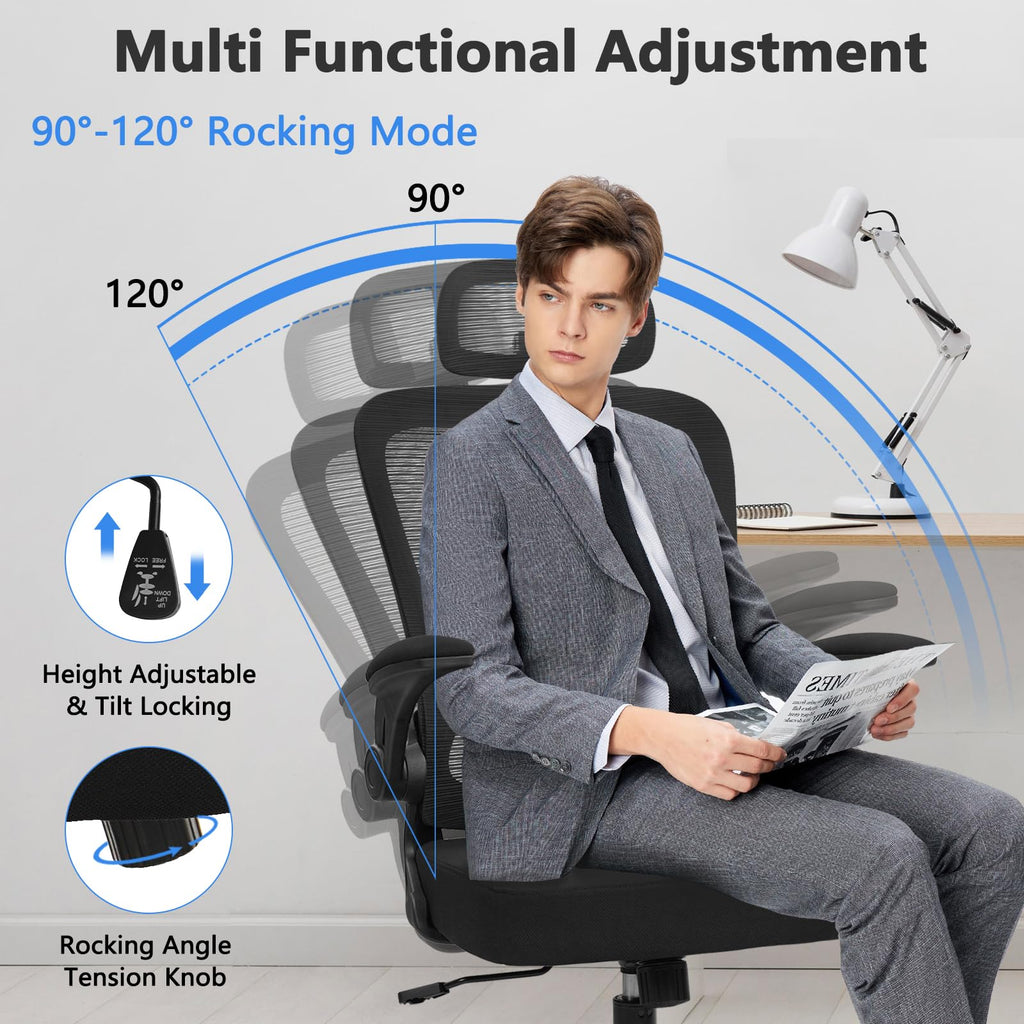 Desk Chairs with Wheels, Ergonomic Mesh Back Home Office Chair with Headrest, Adjustable Lumbar Support Swivel Rolling Computer Chairs Flip Up Arms for Conference Meeting Room, Black, 10PK