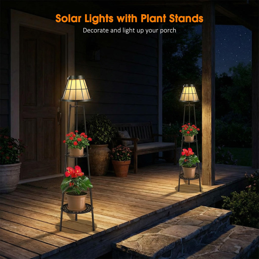 2 Pack Solar Floor Lamps Outdoor with 2-Tier Plant Stand, Metal Tall Planter Holder with Waterproof LED Lantern, Decorative Patio Light & Flower Pot Display Rack for Garden, Deck, Porch, Balcony