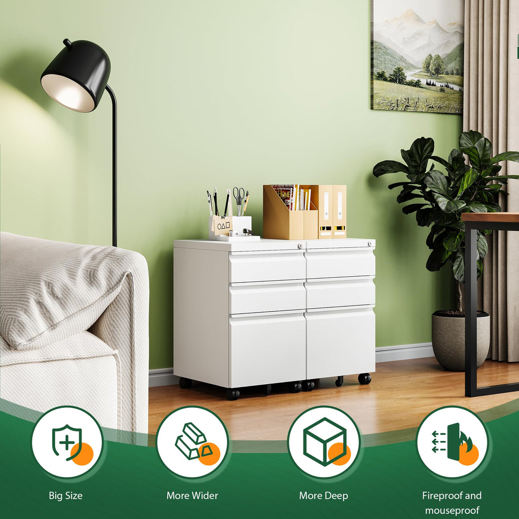 3 Drawer Mobile File Cabinet with Lock, Under Desk Metal Filing Cabinets for Home Office Organizer Letters/Legal/A4(Fully Assembled-White)