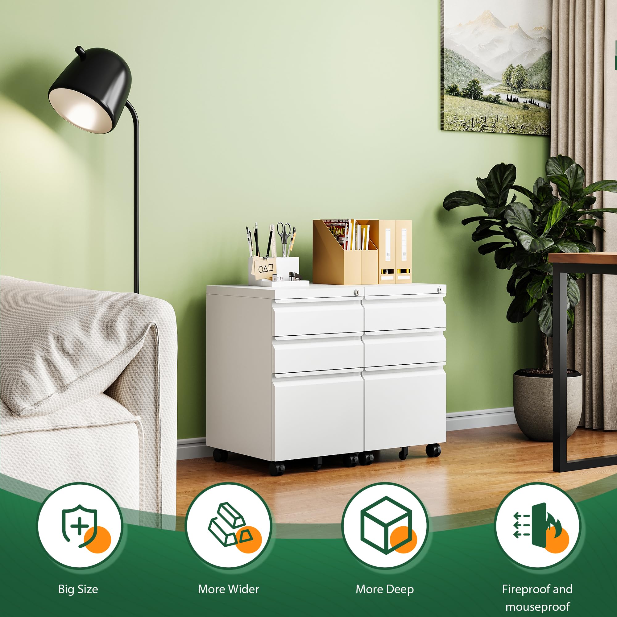3 Drawer Mobile File Cabinet with Lock, Under Desk Metal Filing Cabinets for Home Office Organizer Letters/Legal/A4(Fully Assembled-White)