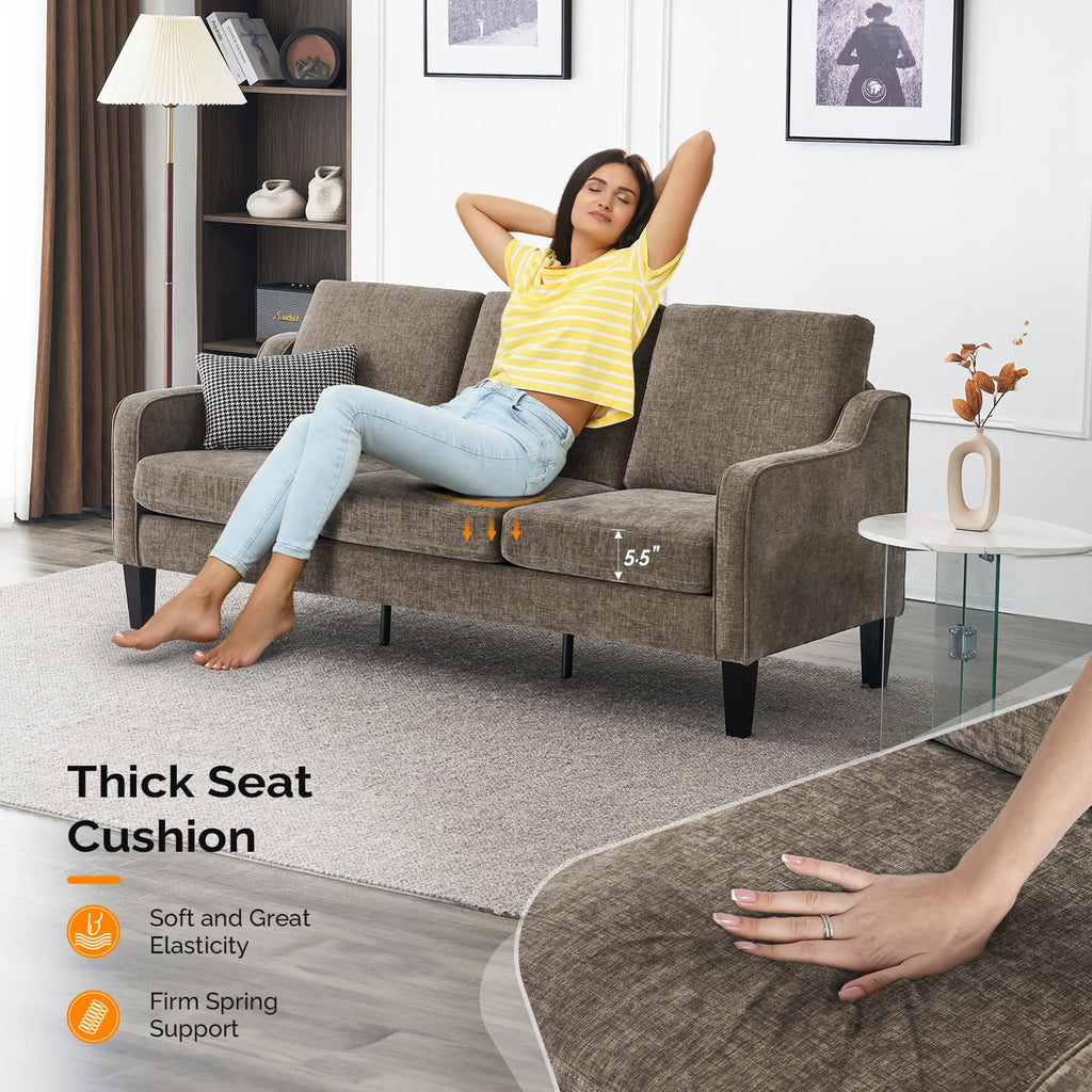 Brown 71" Small Sofa Mid Century Modern Couches 3 Seater Comfy Couch Upholstered Soft Chenille Floor Couch for Bedroom, Apartment, Office