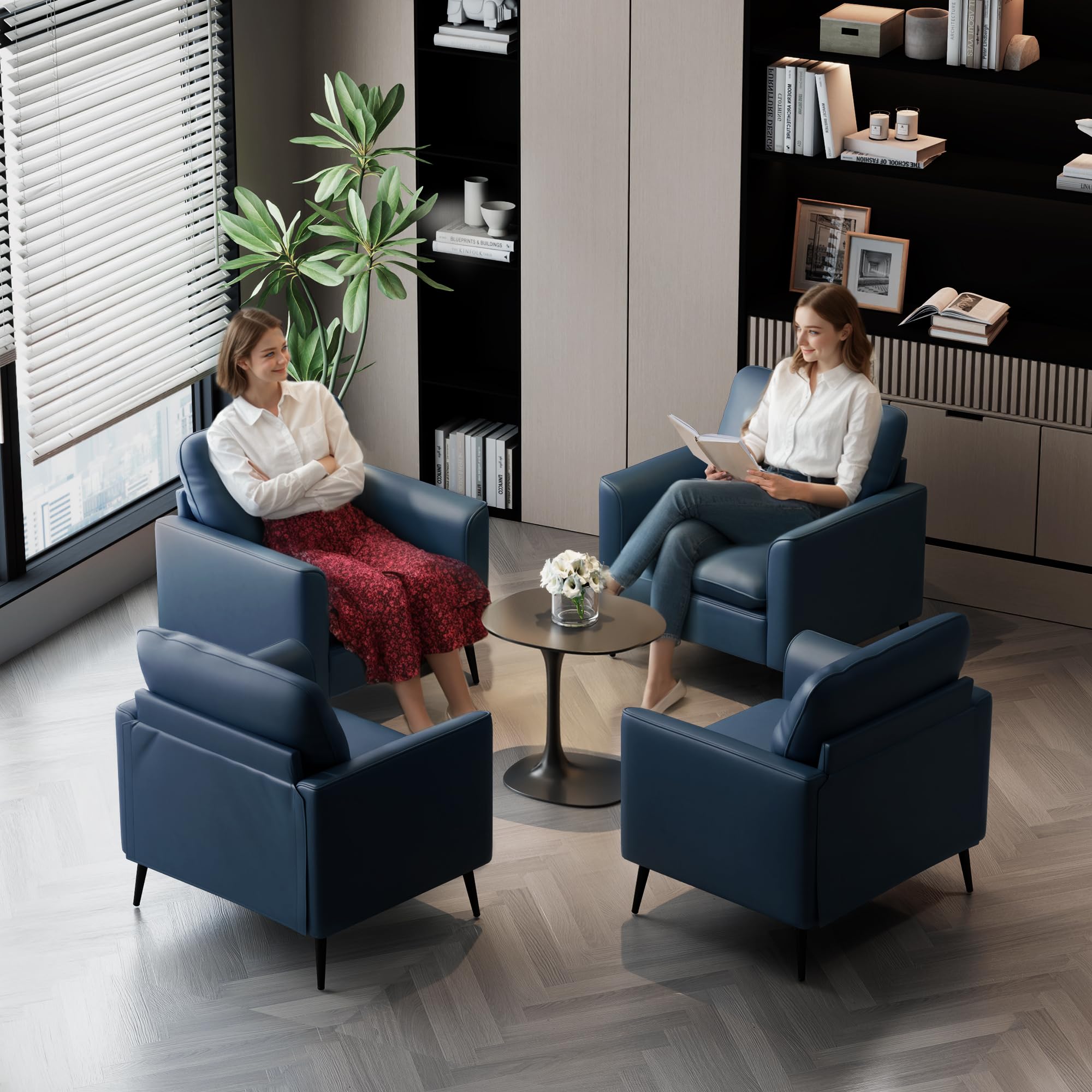 Leather Accent Chair, Mid-Century Modern Comfy Living Room Chairs, Cozy Office Reading Chair, Reception Armchairs for Bedroom, Office, Waiting Room (Blue)