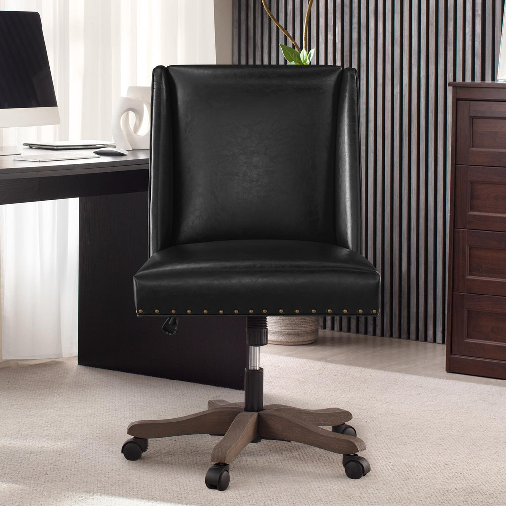 Armless Home Office Chair with Wooden Legs, Modern Leather Upholstered Office Desk Chair No Arms Sewing Chair Adjustable Swivel Desk Chair for Farmhouse Office Study Studio (Black)