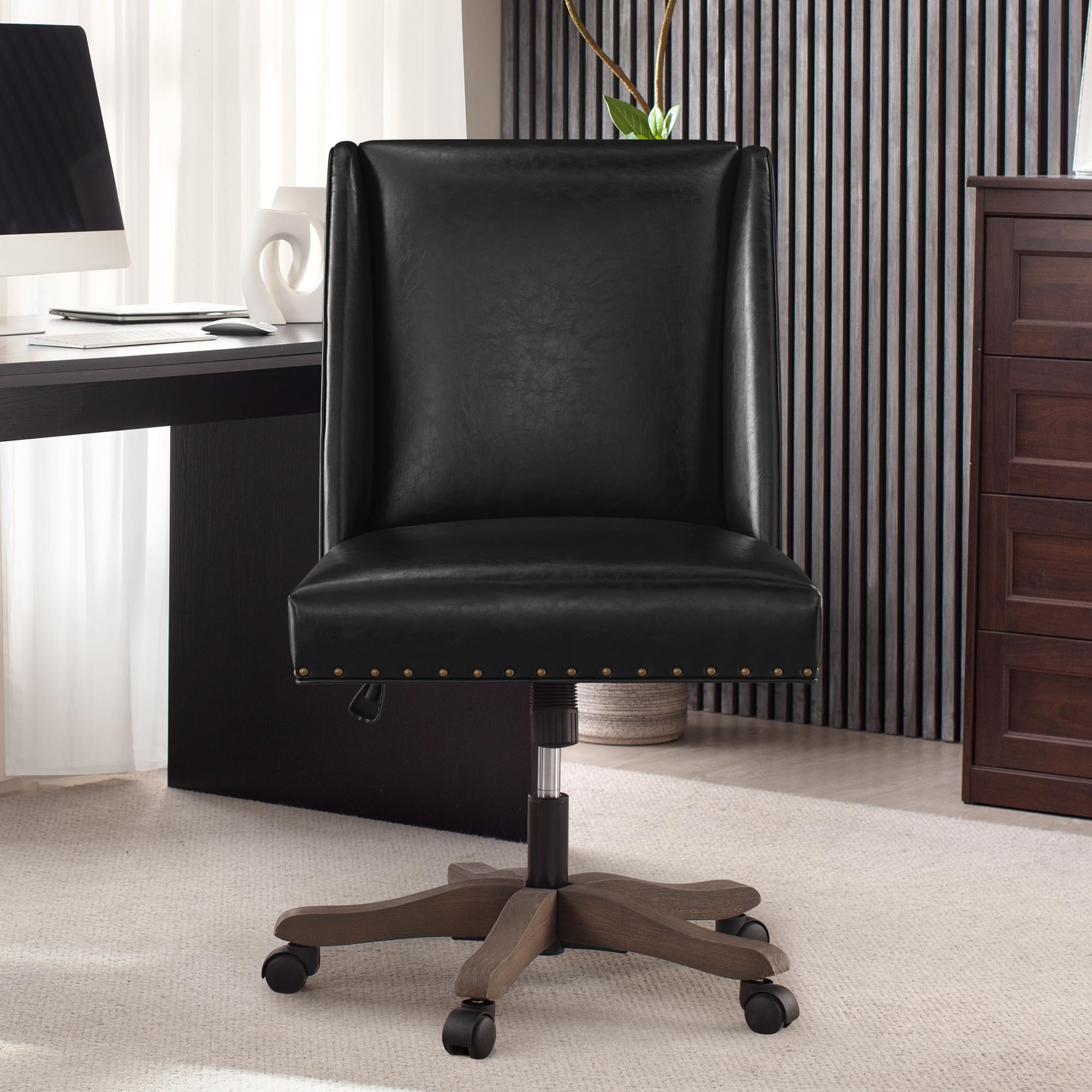 Armless Home Office Chair with Wooden Legs, Modern Leather Upholstered Office Desk Chair No Arms Sewing Chair Adjustable Swivel Desk Chair for Farmhouse Office Study Studio (Black)
