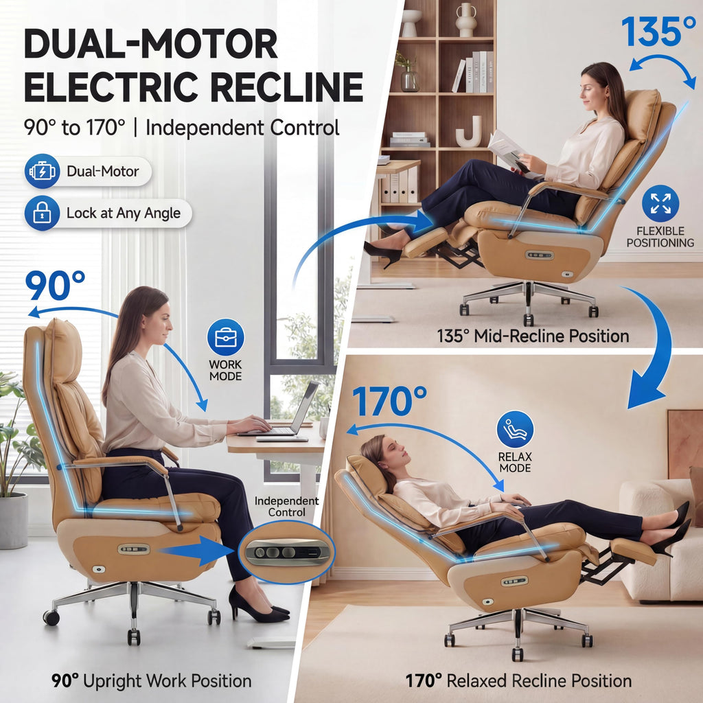 Dual Motor Executive Reclining Office Chair with Footrest – One-Click Electric Recline, Massage Lumbar Support & Pillow, Big and Tall PU Leather Ergonomic Desk Chair for Home Office/Gaming(Brown)