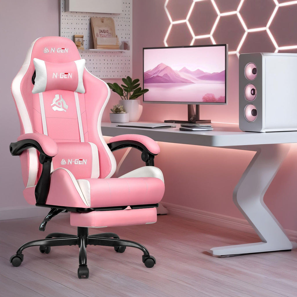 Gaming Chair with Footrest Lumbar Support for Home Office High Back Recliner Height Adjustable Ergonomic Comfy Leather Computer Desk Chair (Pink)