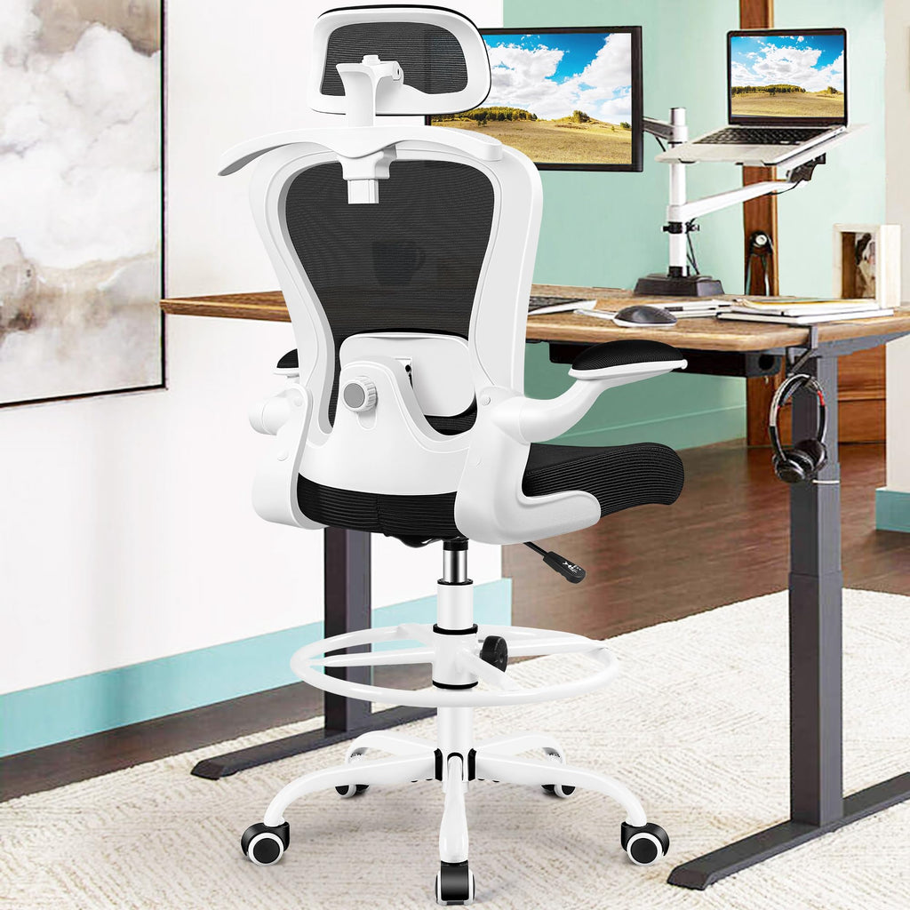 Drafting Chair, Tall Office Chair with 3D Lumbar & Head Support, Ergonomic Mesh Standing Desk Chair with Footring, Comfy Extended High Desk Chair with Flip-Up Arms & Hanger,White