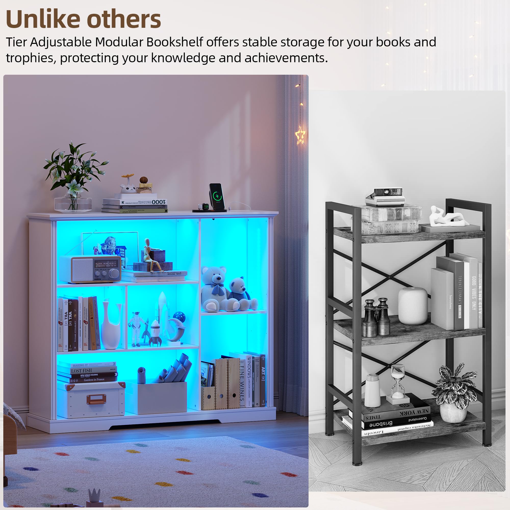LED Bookcase with 3 Tiers, Motion Sensor and USB Charging - White