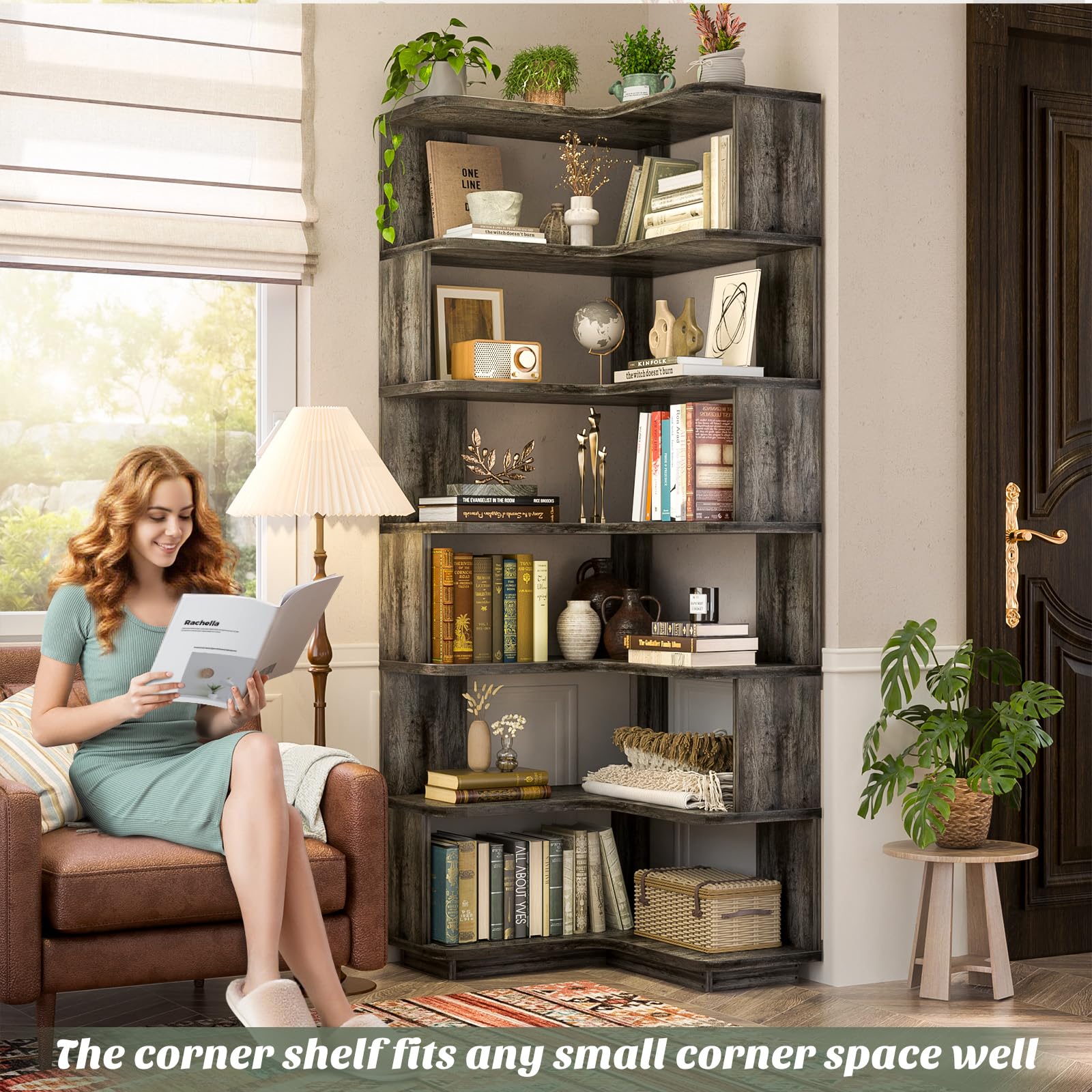 Corner Book Shelf, 7-Shelf L Shaped Corner Bookshelf with Baffle