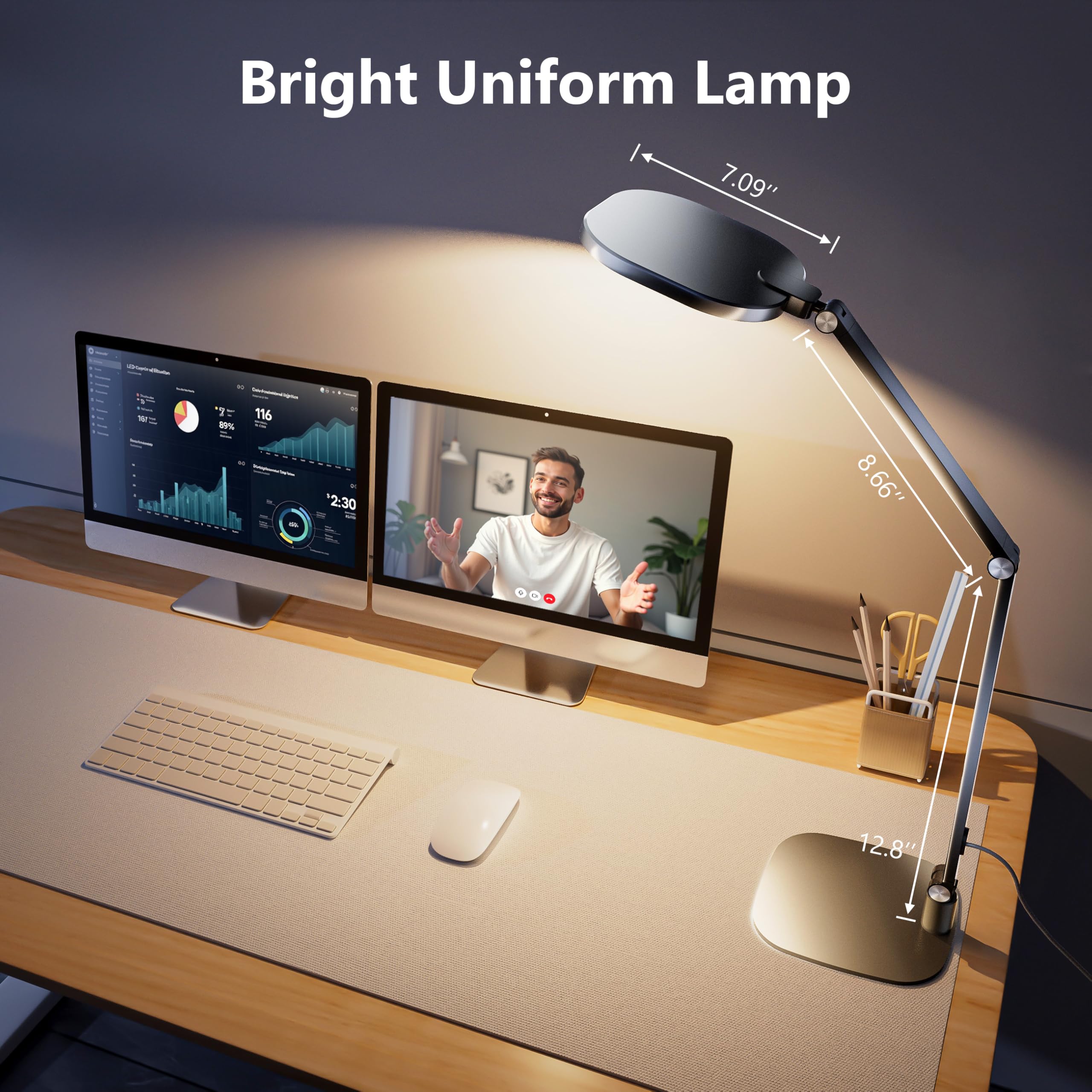 LED Desk Lamp for Office, 15W Desk Light with CRI >95, Memory & Timer Function, 1200LM Dimmable Computer Light for Video Calls, Conference, Reading, Study (Black-2packs)