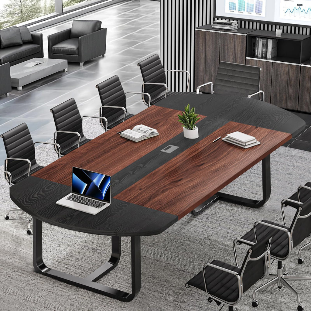 8FT Conference Table, Large Conference Room Table for 8-10 People, Oval Meeting Table with Grommet for Office Conference, Black and Walnut