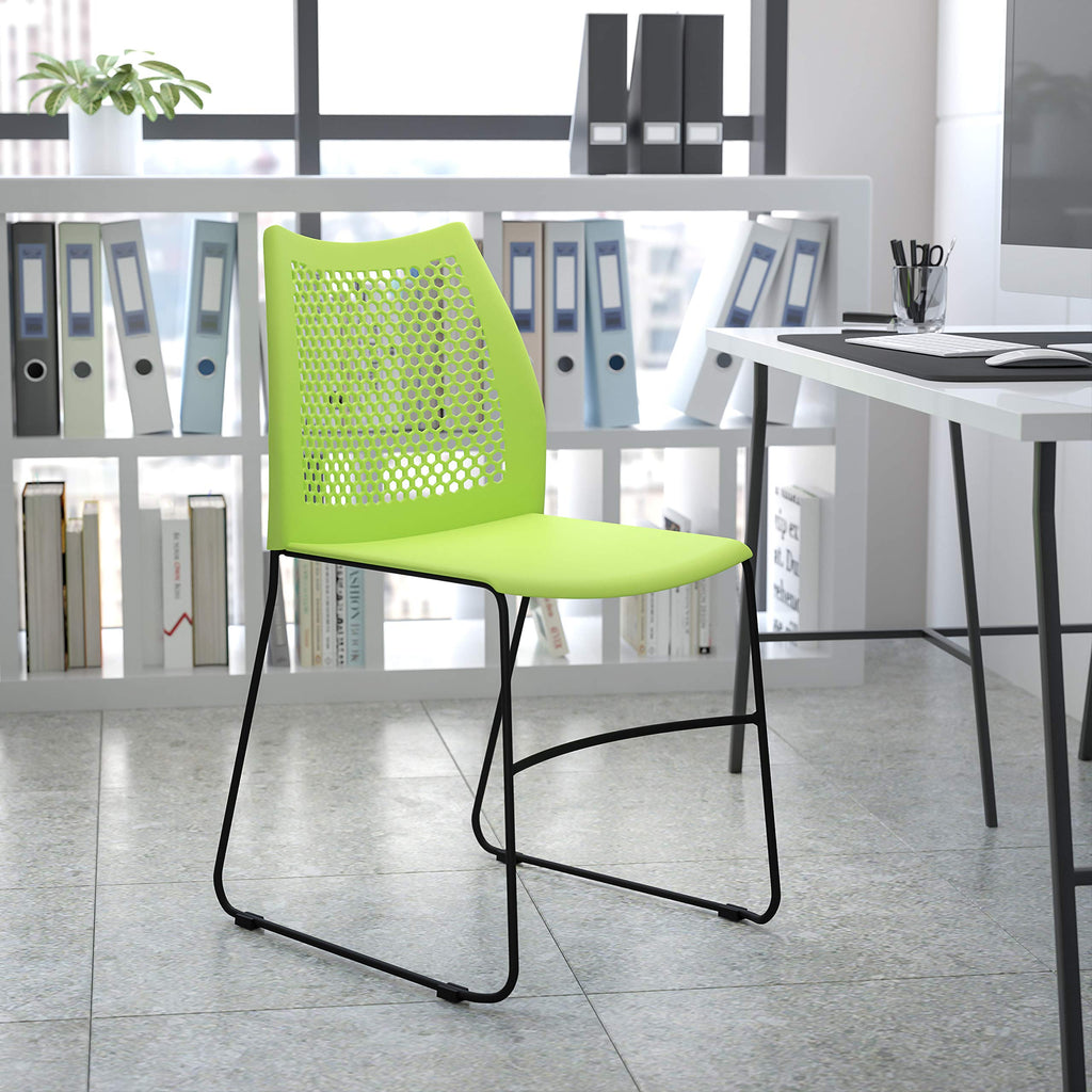 HERCULES Series 661 lb. Capacity Green Stack Chair with Air-Vent Back and Gray Powder Coated Sled Base