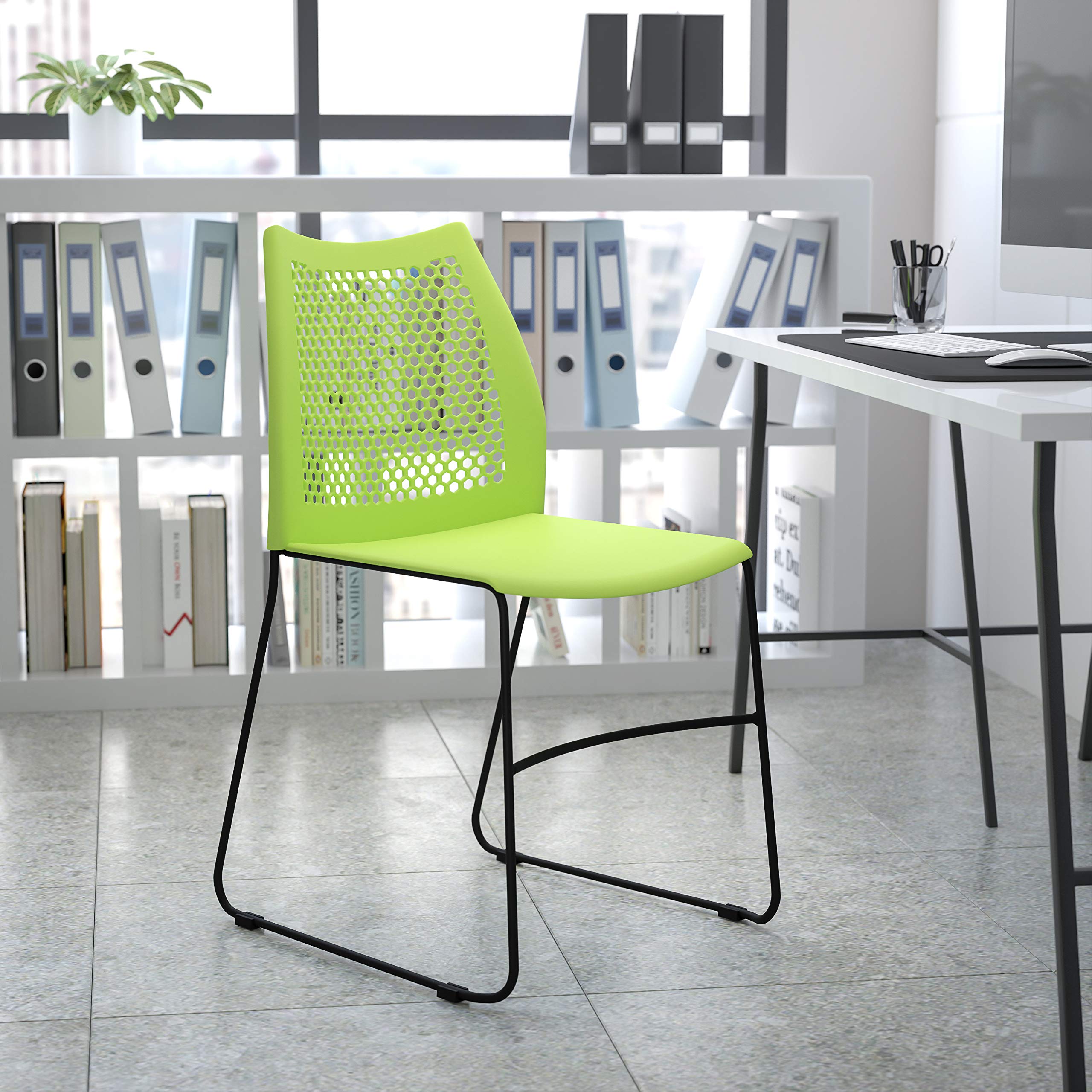 HERCULES Series 661 lb. Capacity Green Stack Chair with Air-Vent Back and Gray Powder Coated Sled Base