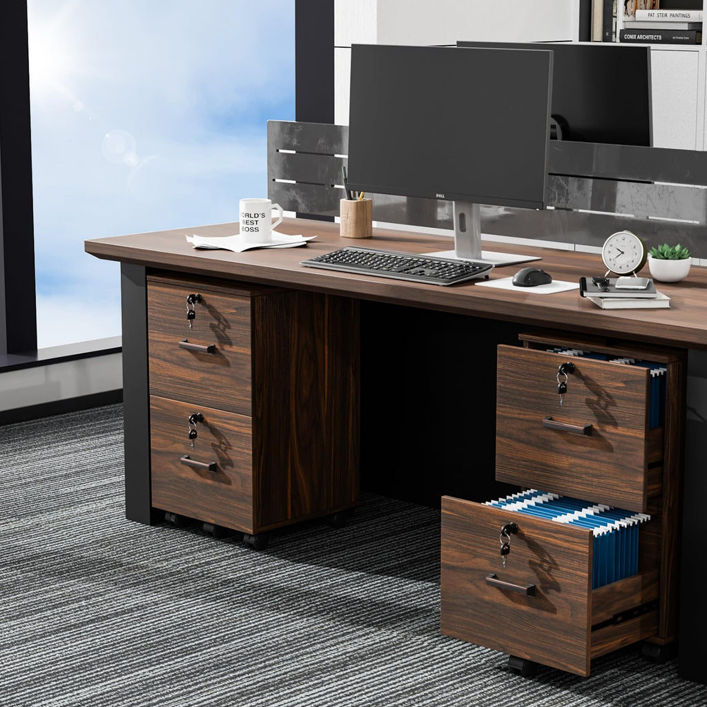 2 Drawer File Cabinet with Lock, Wood Dark Brown File Cabinets for Letter Size File Folders with Tabs, Under Desk Rolling Filing Cabinet for Home Office, Mobile File Organizer Printer Stand