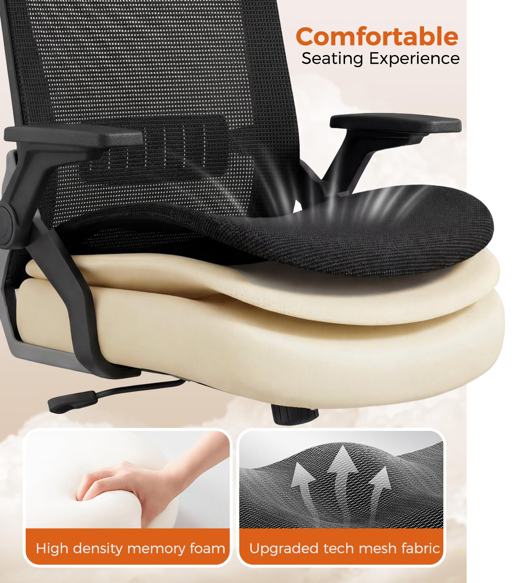Ergonomic Office Chair with Flip-up Armrests Executive Computer Chair for Home Office, Breathable Mesh & Comfy Lumbar Support, Black