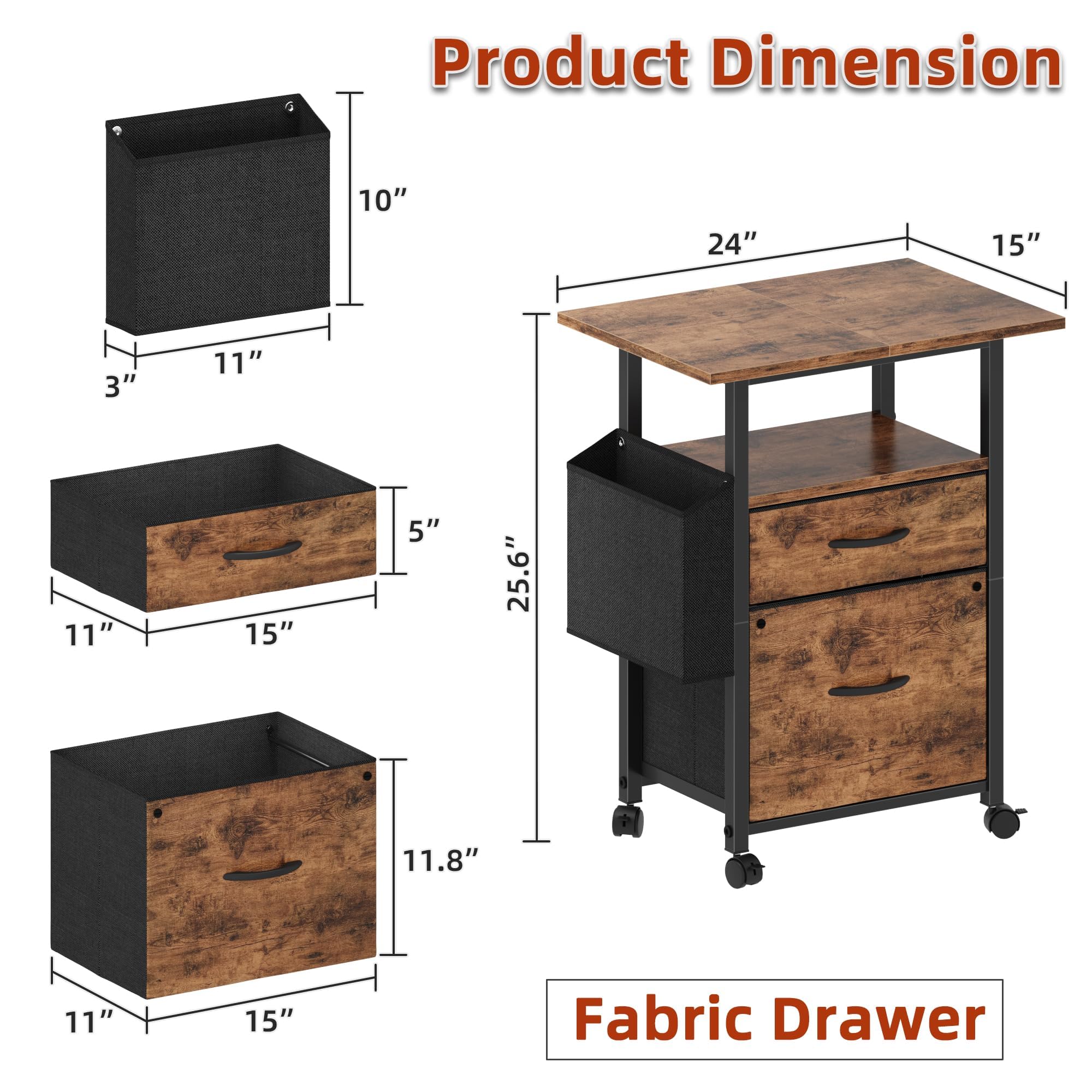 2 Drawer File Cabinet 24''W, Mobile Filing Cabinet, Printer Stand