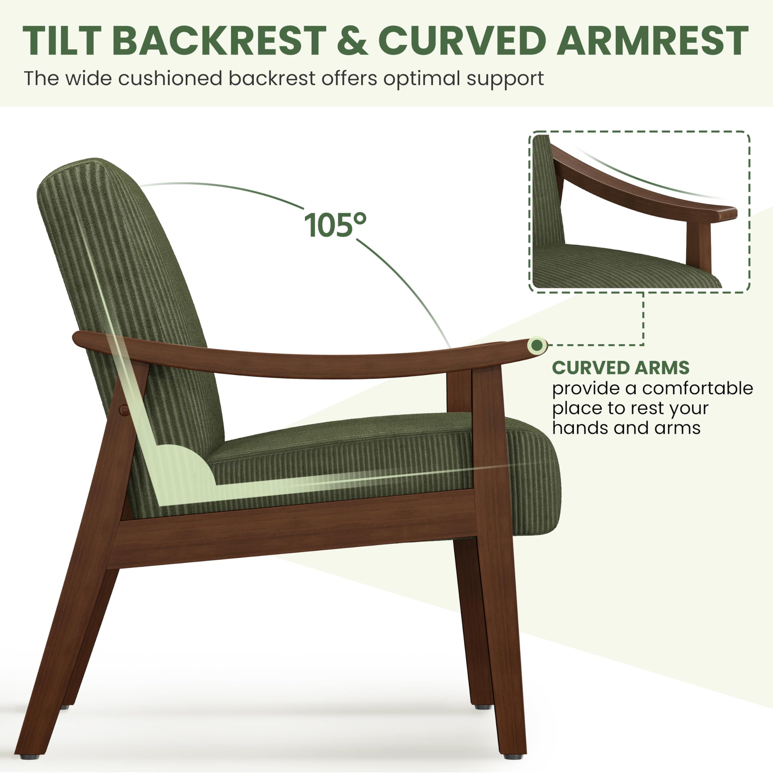 Corduroy Accent Chair, Mid-Century Modern Armchair with Solid Wood Legs, Reading Leisure Chair with High Back for Living Room Bedroom Waiting Room Dark Green