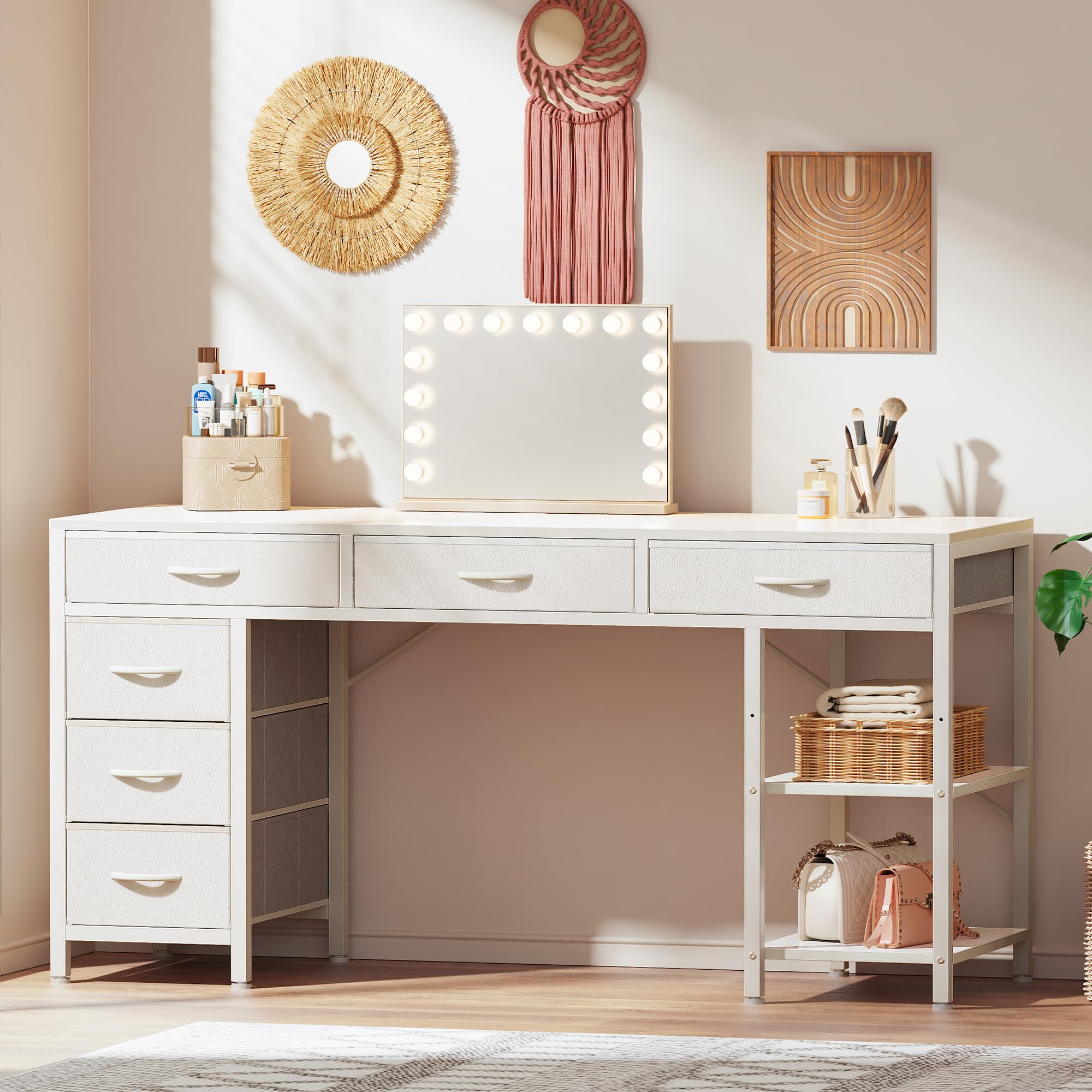 Computer Desk with 6 Drawers, Office Desk with Shelves, Reversible Gaming Desk, Corner Desk with Storage, Work for Home Office, Study, Living Room, 54inch, White