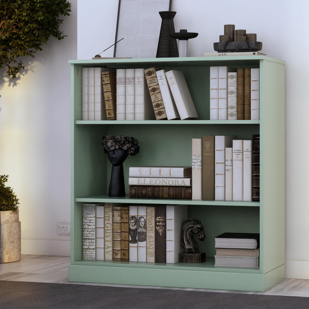 Solid Wood Bookshelf - 32” W x 36" H - 3 Shelf Bookcase - Sage, Short Bookcase with Adjustable Shelves for Living Room Display Furniture, 100% Eco-Friendly Wood, Modular Cabinets
