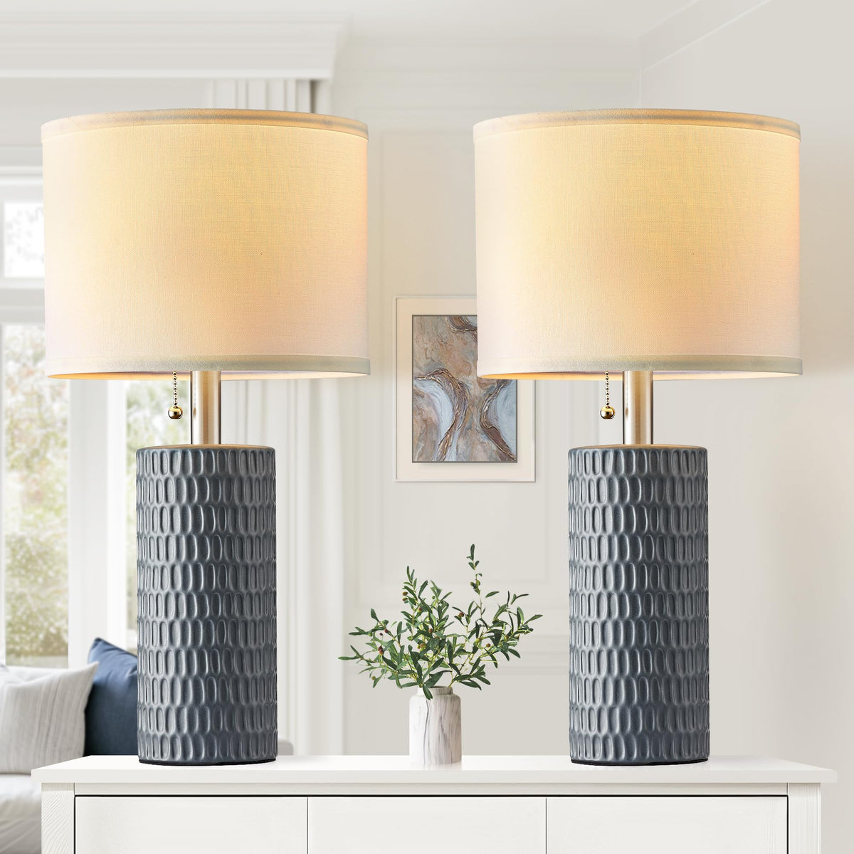 20” Modern Ceramic Table Lamps for Bedroom, Set of 2, Grey