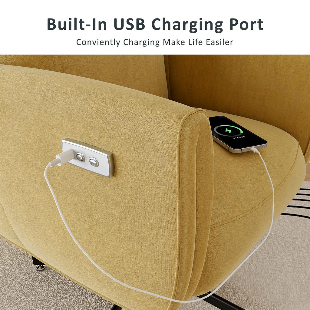 Power Swivel Recliner Chair, Modern Electric with USB & Type-C Ports, Upholstered Velvet Swivel Recliner Chair, 360° Swivel for Office & Living Room, Easy Assembly (Yellow)