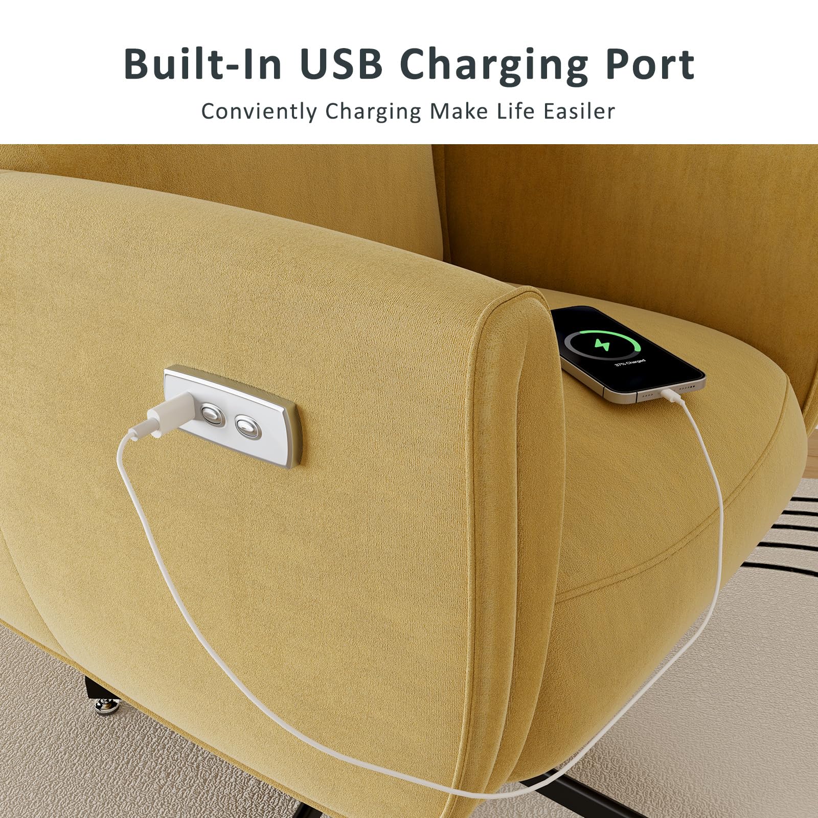 Power Swivel Recliner Chair, Modern Electric with USB & Type-C Ports, Upholstered Velvet Swivel Recliner Chair, 360° Swivel for Office & Living Room, Easy Assembly (Yellow)