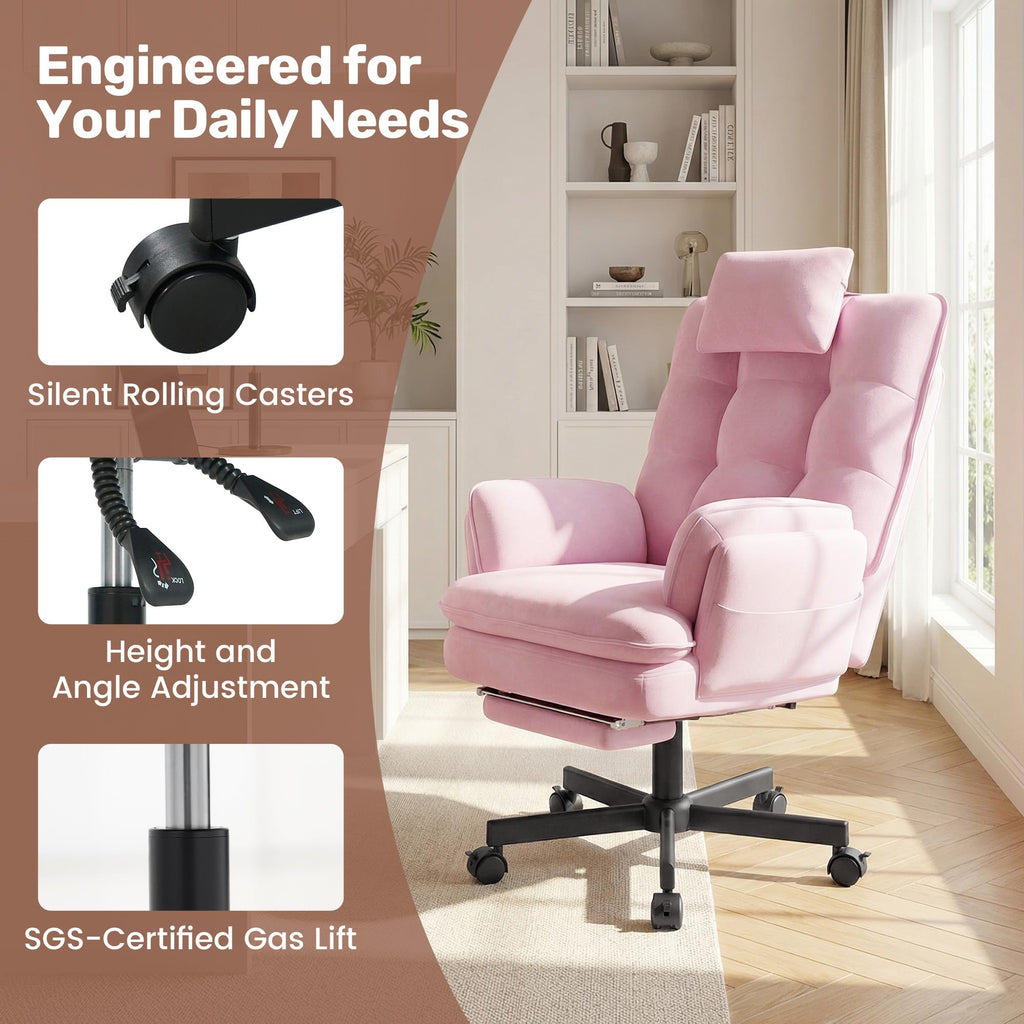 Criss Cross Office Chair with Foot Rest, Big and Tall Criss Cross Chair with Flip-Up Arms and Headrest, 135° Reclining Swivel Velvet Cross Legged Office Chair with Wheels, Cloud Chair for Home (Pink)