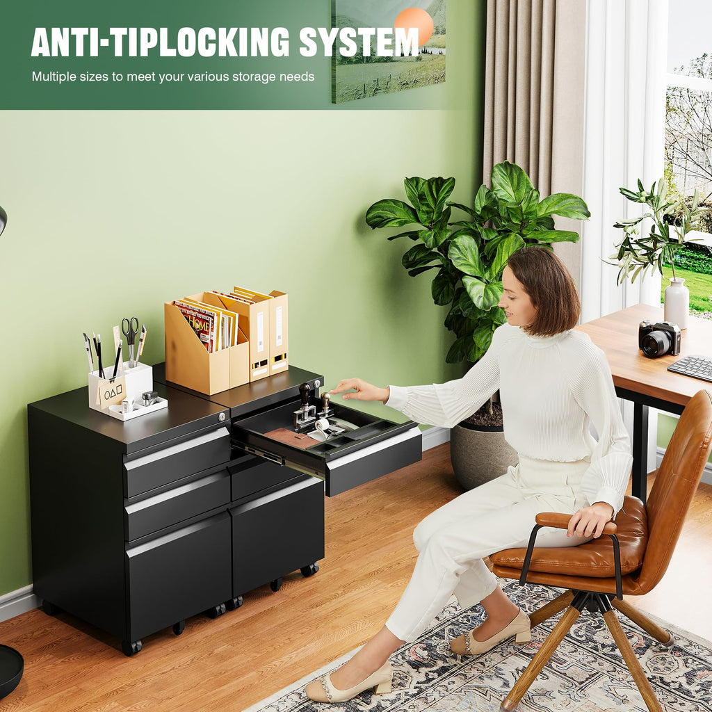 3 Drawer Mobile File Cabinet with Lock,Under Desk Metal Filing Cabinets for Home Office Organizer Letters/Legal/A4((Fully Assembled-Black)