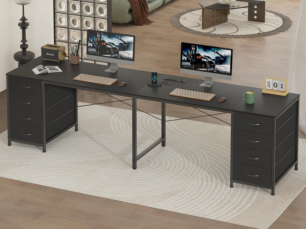 95'' Two Person Desk with 8 Drawers, Long Office Desk with Charging Station, 2 Person Desks Double Desk Writing Study Table for Home Office, Black