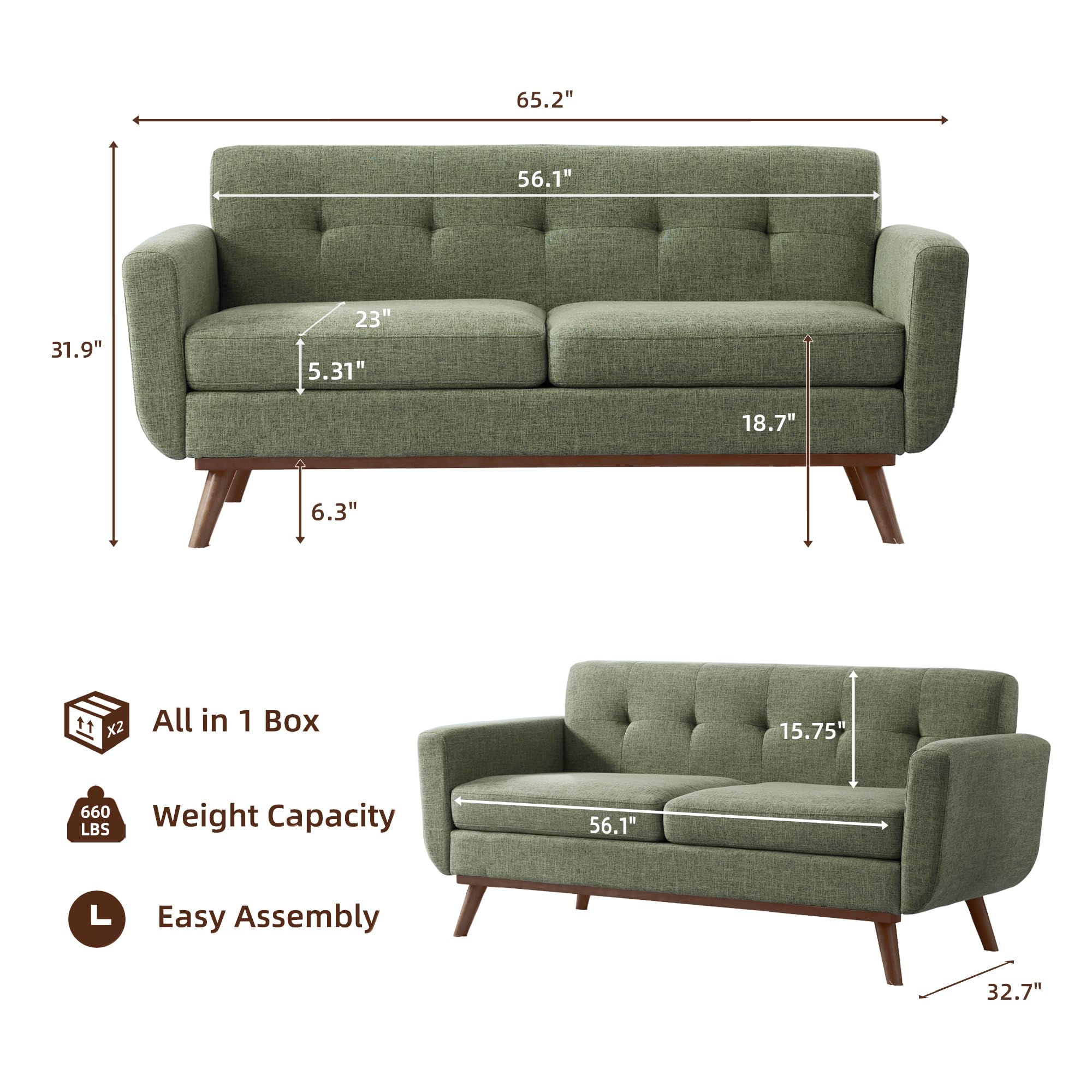 65.2" W Loveseat Sofa, Solid & Easy to Install Small Couch for Bedroom Office Apartment, Green
