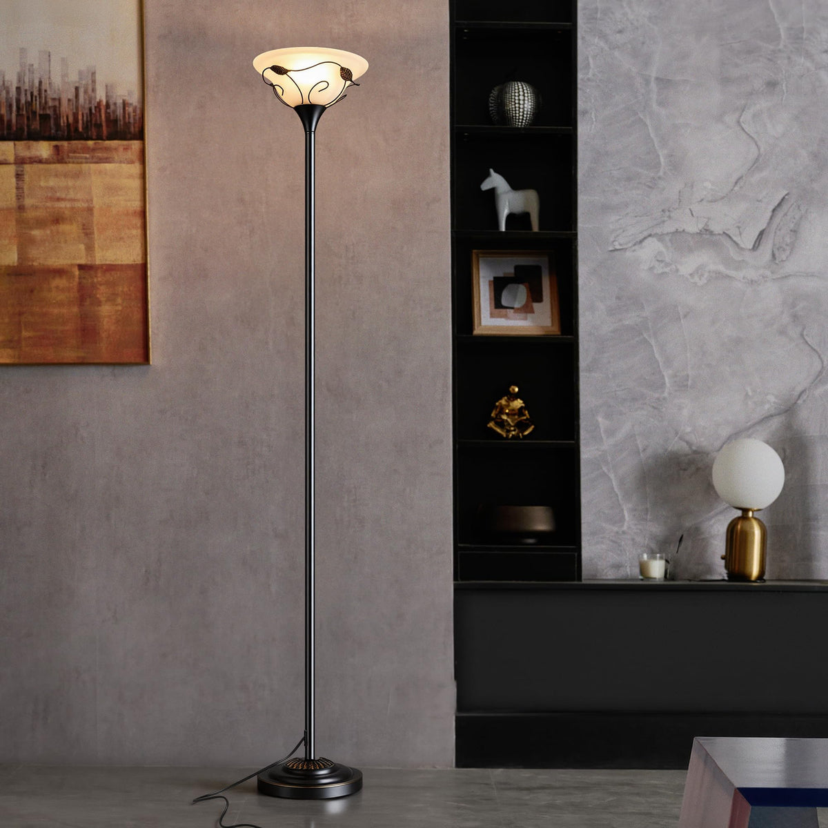68" Torchiere Floor Lamp, Frosted Glass Shade Vintage Standing Lamp