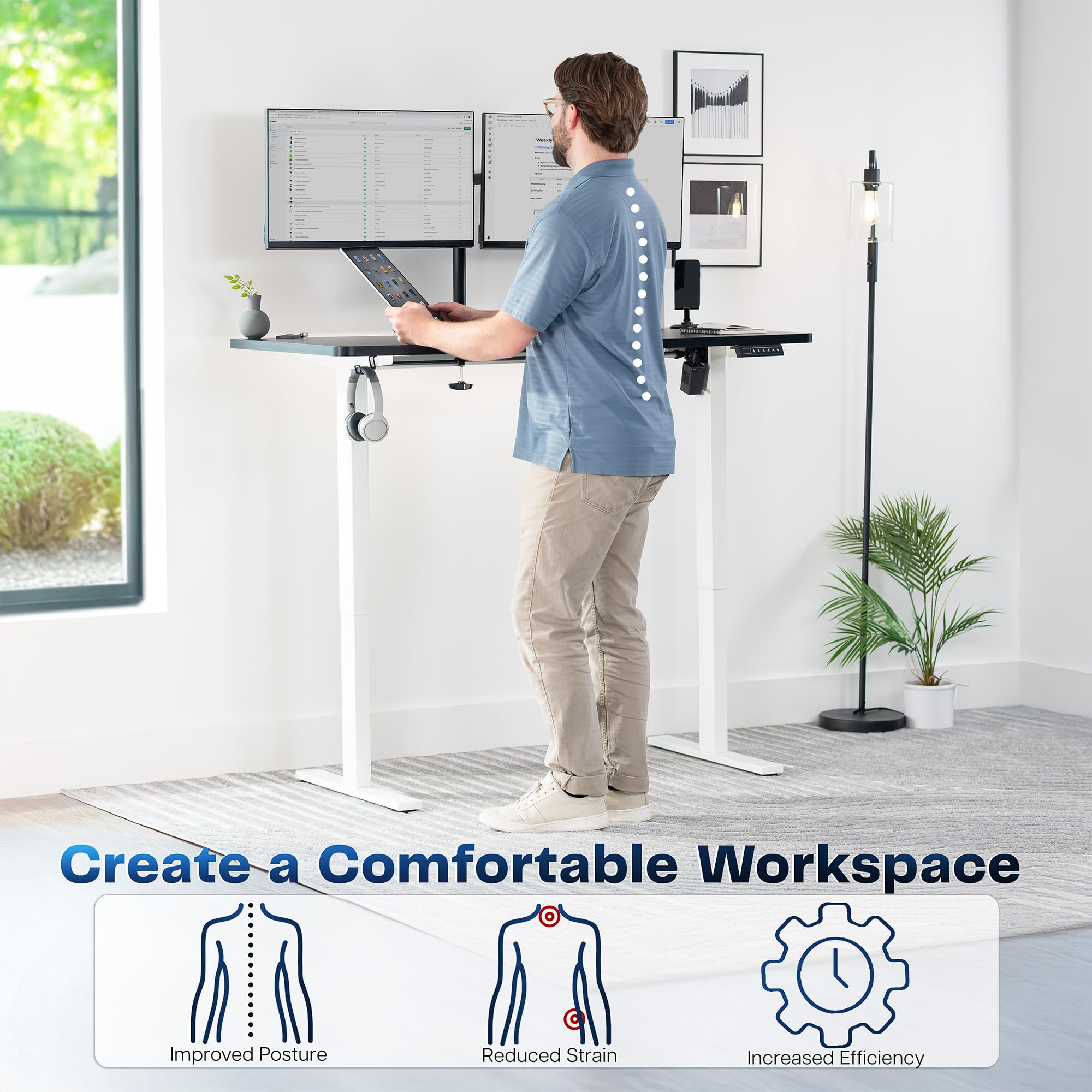 Electric 55 x 28 in Standing Desk, Memory Height Adjustment, 1B Series, Holds 220 lbs, One-Piece Black Top, White Frame