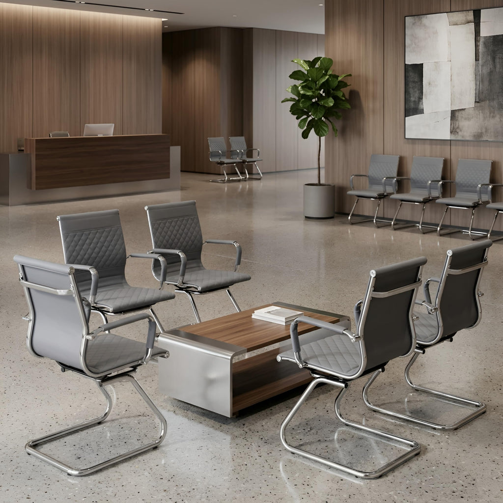 Office Chairs Set of 2 - PU Leather Chairs with Arms - Desk Chair No Wheels 400LB Capacity Sled Base, Modern Conference Chair for Home Office, Lobby, Salon Grey