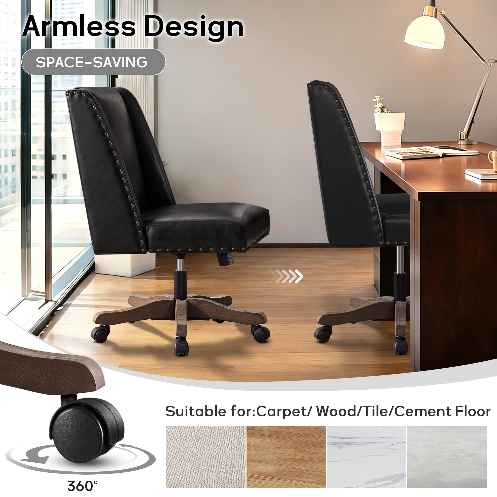 Armless Home Office Chair with Wooden Legs, Modern Leather Upholstered Office Desk Chair No Arms Sewing Chair Adjustable Swivel Desk Chair for Farmhouse Office Study Studio (Black)