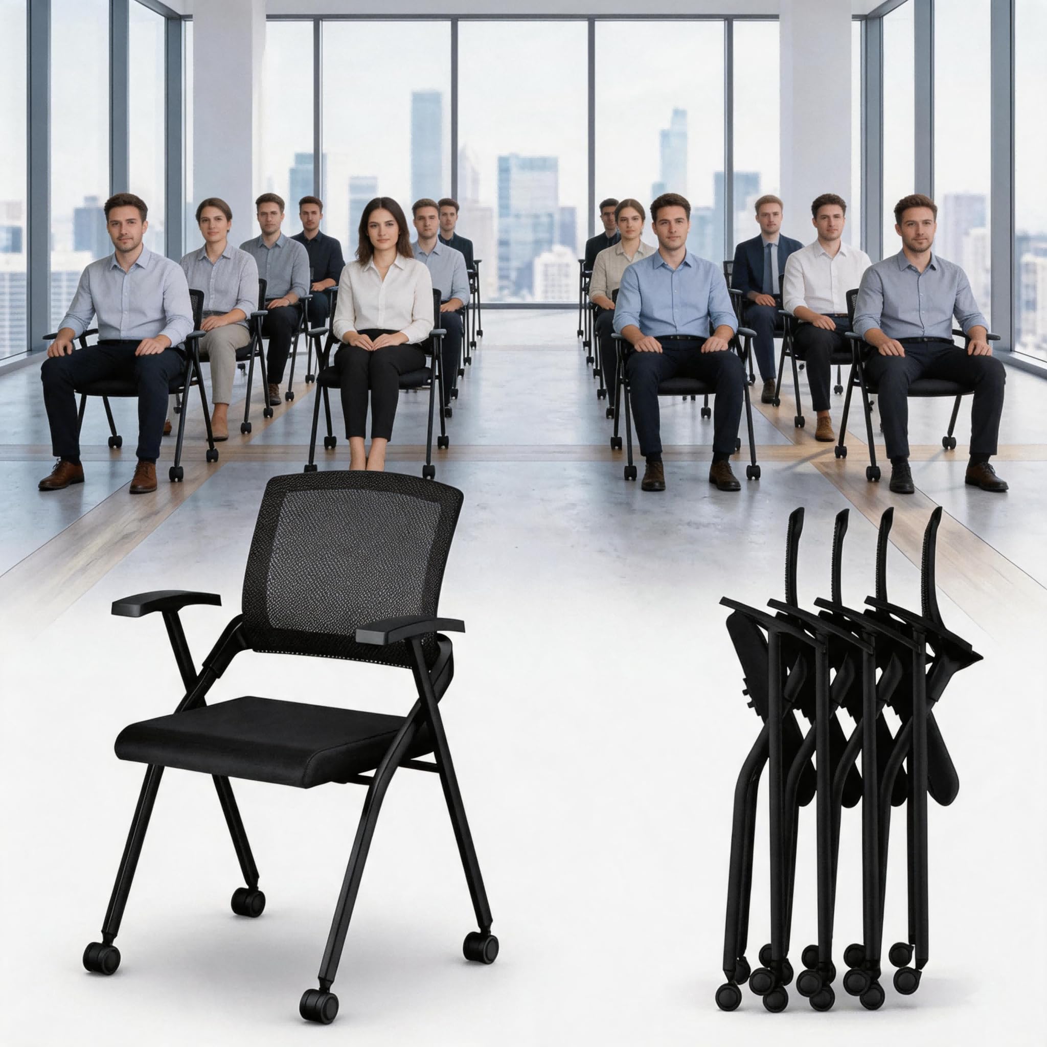 50 pk, Folding Office Chair with Wheels - Mobile Mesh Back Conference Room Chair with Padded Seat, Foldable & Stackable for Meeting Room, Training, Seminar,Classroom School & Office - Black