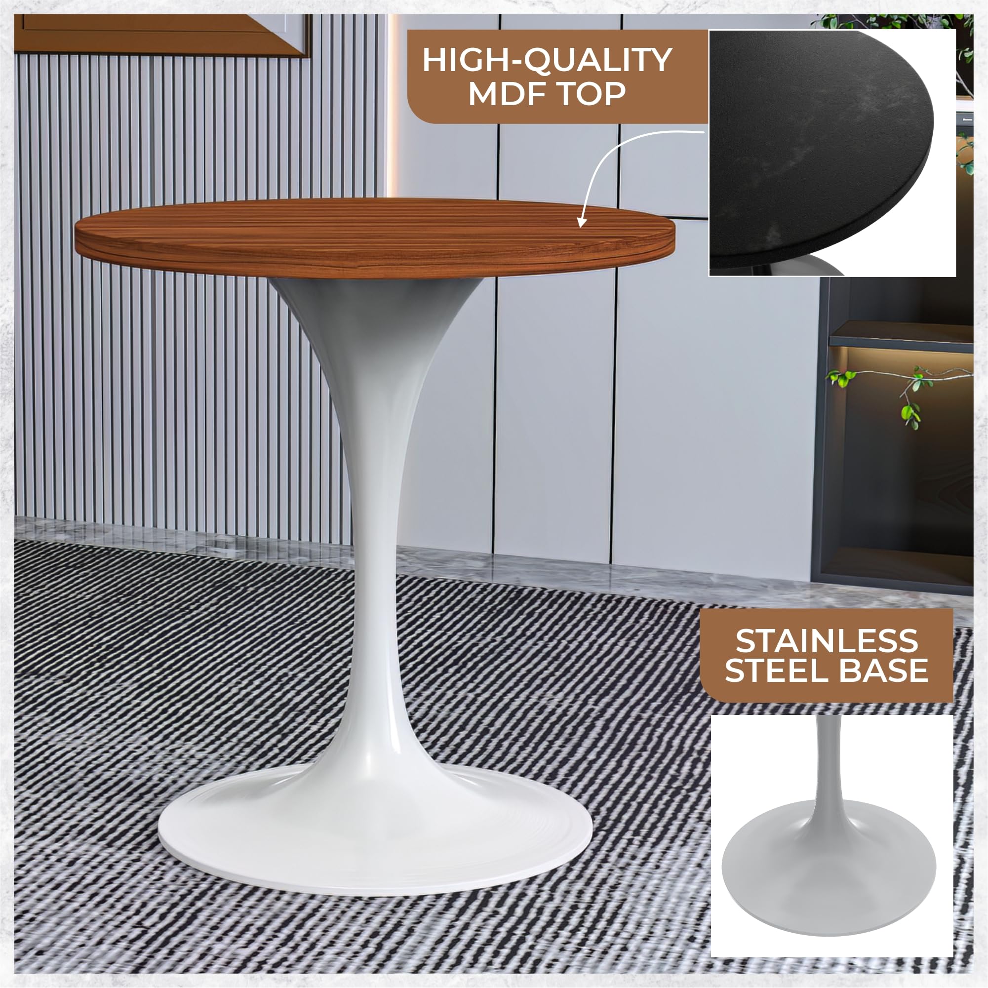 LeisureMod Verve Mid-Century Modern 27 Inch Round Dining Table, MDF Wood Tabletop with White Steel Pedestal Base, Contemporary Kitchen & Dining Room, Small Space Breakfast Table, Cognac Brown
