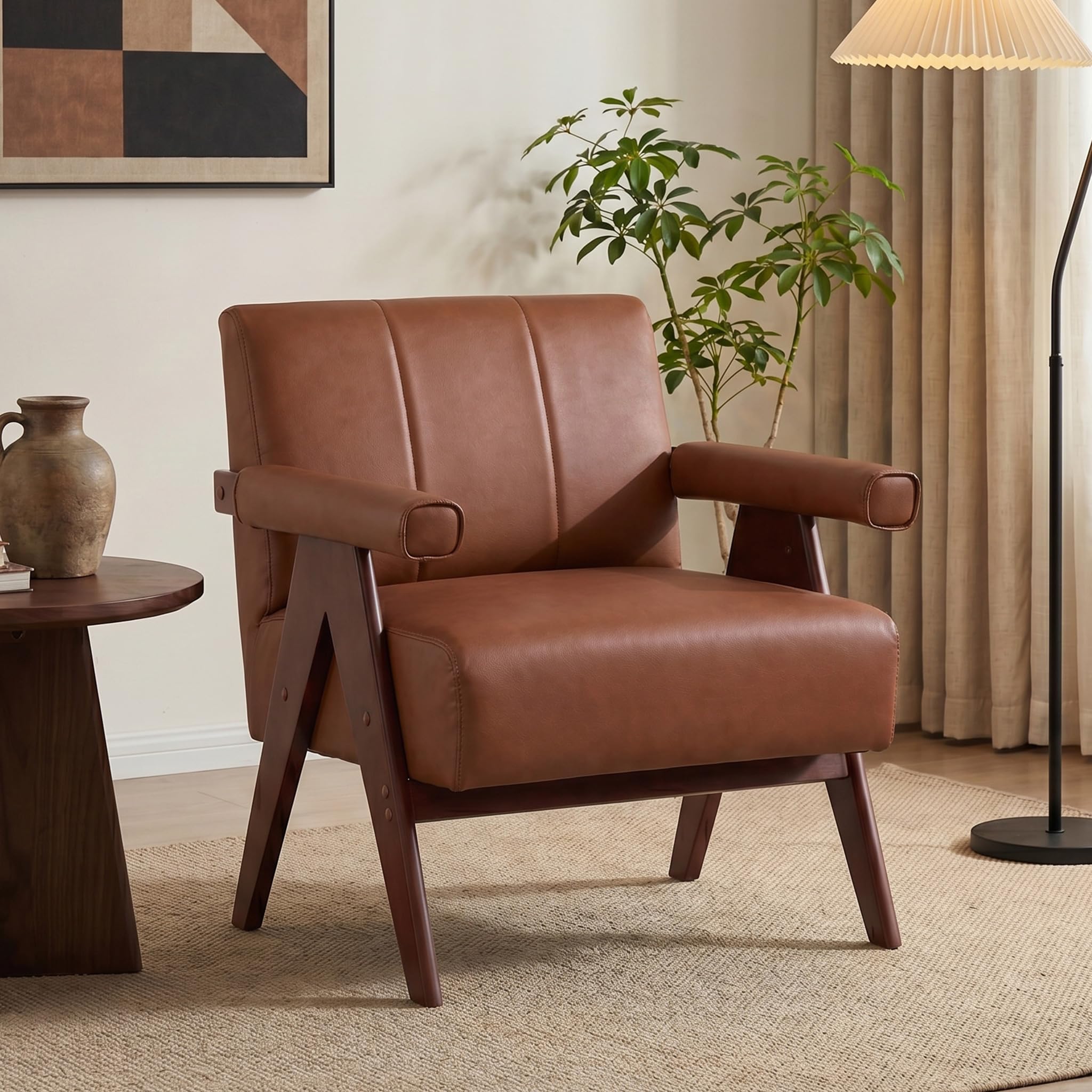 Mid Century Modern Accent Chair, Solid Wood Frame Brown Leather Armchair, Modern Reading & Living Room Chair for Office Guest & Waiting Room