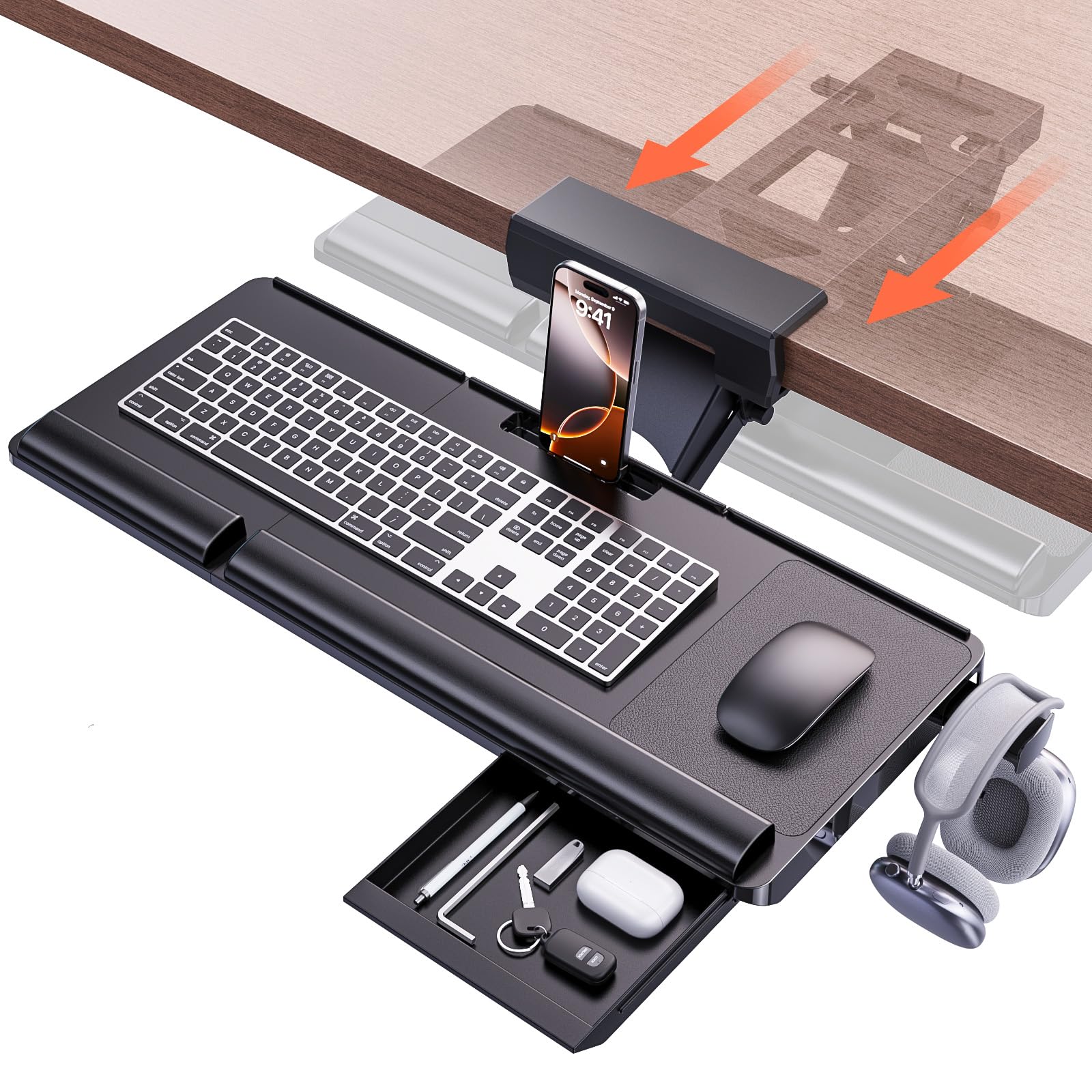 Upgraded Ergonomic Keyboard Tray Under Desk, Adjustable Sliding Keyboard Platform Holder, Keyboard Stand with Wrist Rest & Storage Drawer for Home, Office and Gaming, 24.4"x10"
