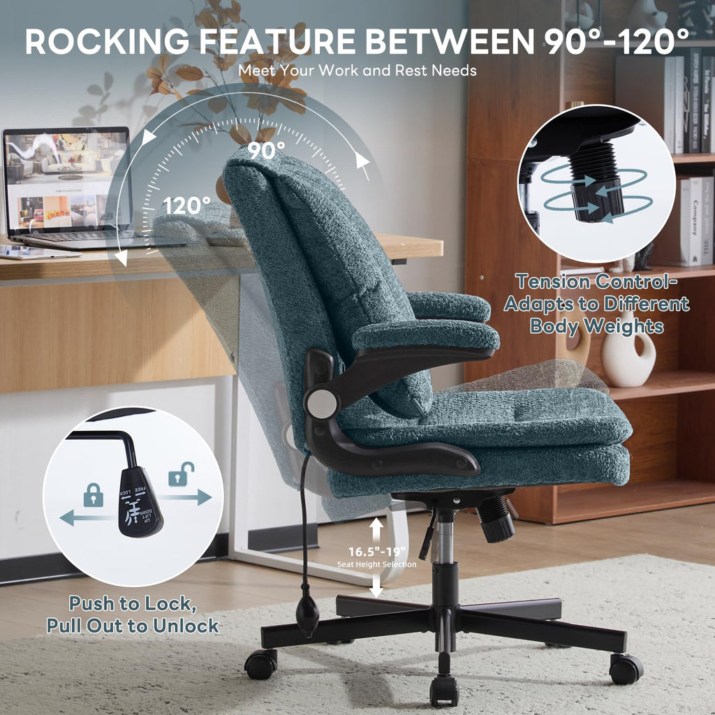 Criss Cross Office Chair with 2 in 1 Inflatable Flip-up Back, Ergonomic Wide Seat Desk Chair with Adjustable Arms and Wheels, Cross Legged Office Chair for Home & Office, Dark Green
