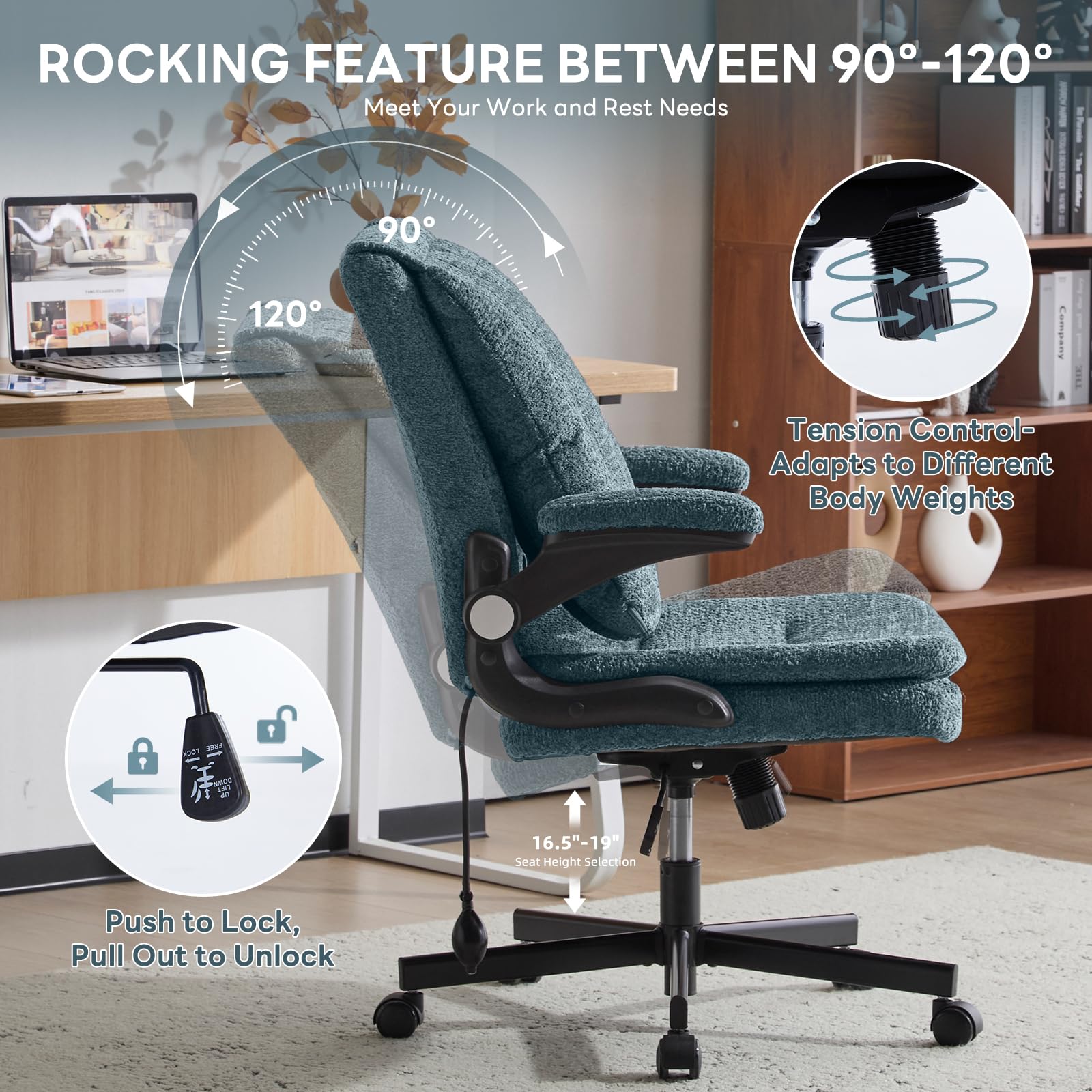 Criss Cross Office Chair with 2 in 1 Inflatable Flip-up Back, Ergonomic Wide Seat Desk Chair with Adjustable Arms and Wheels, Cross Legged Office Chair for Home & Office, Dark Green