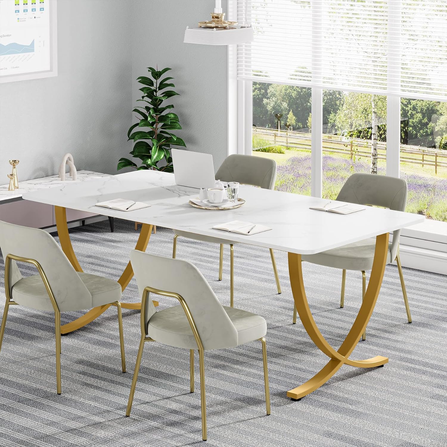 Executive Desk, 63” W x 31.5” D Large Office Desk, Modern Computer Desk Conference Table Meeting Room Table, Business Furniture for Home Office, White and Gold