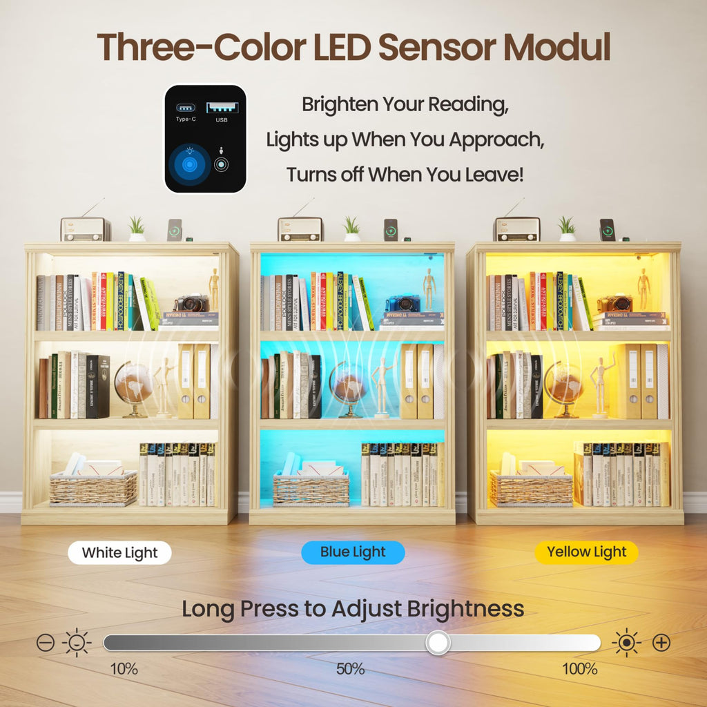 3-Tier LED Bookshelf with Motion Sensor Lights - USB Charging Module - Adjustable Modular Display Shelf 31.5 W x 43.3 H for Bedroom Living Room Home Office Apartment - Natural Wood