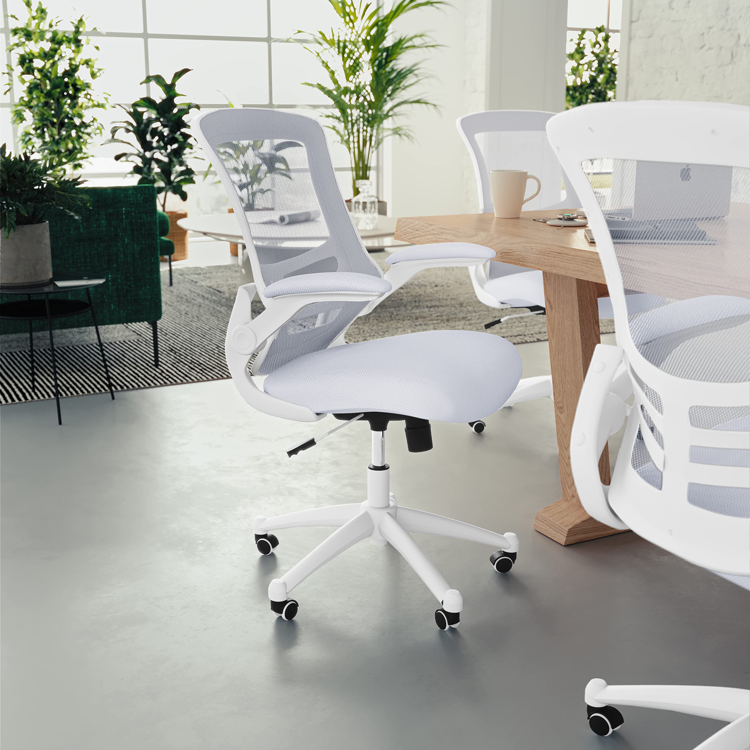 Mid-Back Swivel Office Chair with Adjustable Lumbar Support and Seat Height, Ergonomic Mesh Desk Chair with Flip-Up Armrests, White