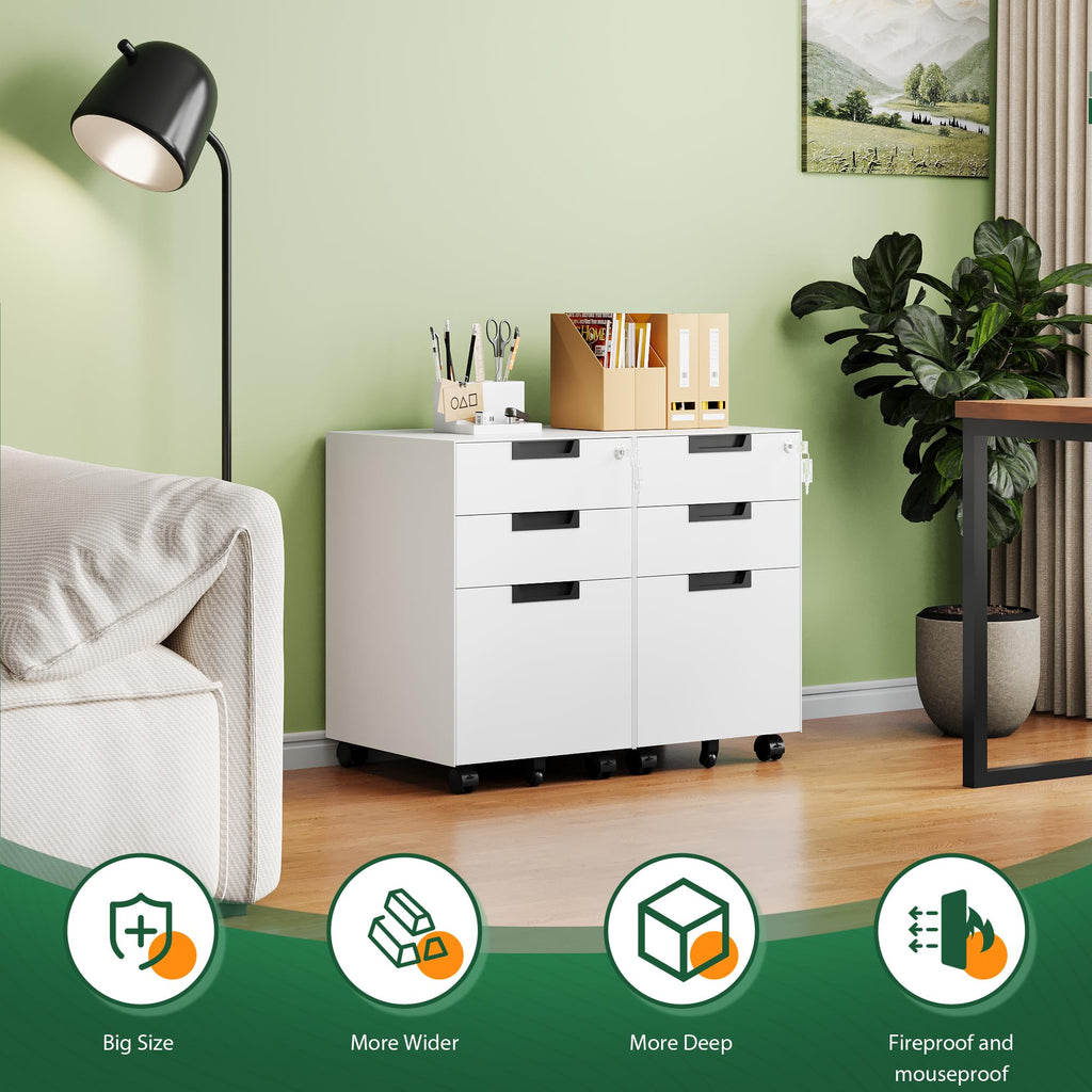 3 Drawer Mobile File Cabinet with Lock,Under Desk Metal Small Filing Cabinets for Home Office Organizer Letters/Legal/A4(Fully Assembled Except Wheels-White)