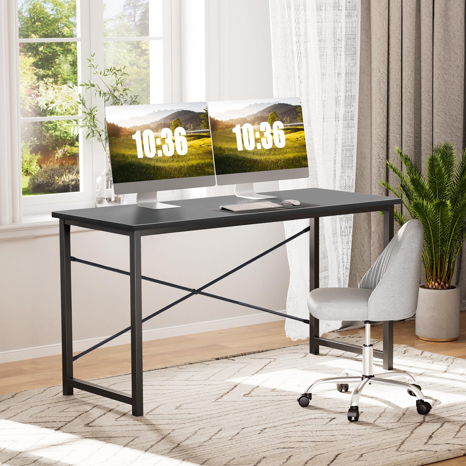 Computer Office Desk 48 Inch Student Study Writing Work with Metal Frame Wood Tabletop Modern Simple PC Home Bedroom Table - Basic Black, Compact Sturdy Desk for Laptop, Study, Gaming