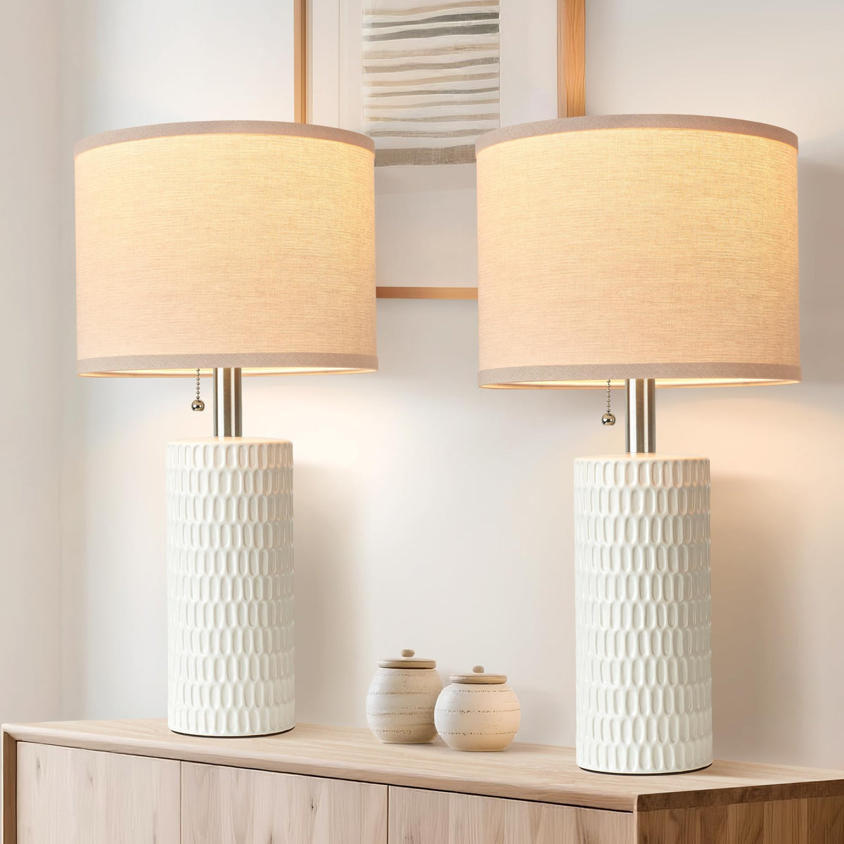 20.5" Modern Ceramic Table Lamps for Bedroom Set of 2, Bedside Lamps for Night Stands with Beige Lampshade, Farmhouse Table Lamp for Living Room Office Dorm, White