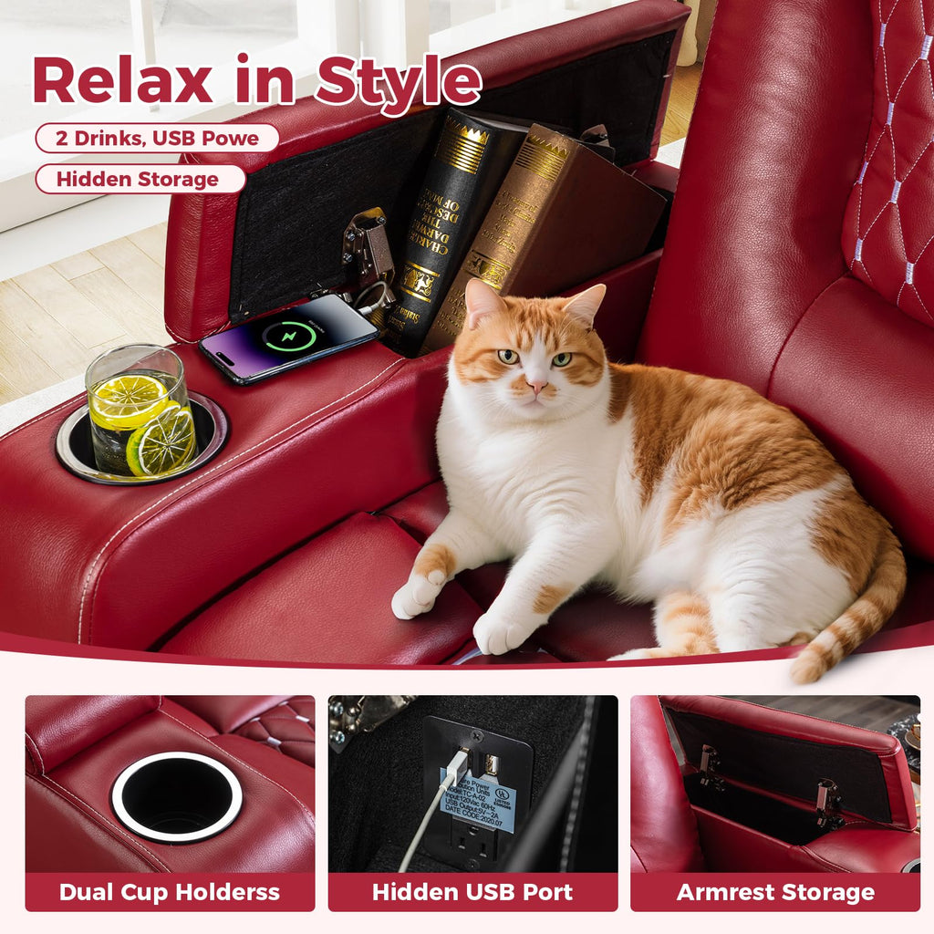 Power Recliner Chair Set of 6, Electric Soft Faux Leather Reclining Home Theater Seating - USB Ports, Cup Holders, Hidden Arm Storage Movie & Media Room Chairs (Red)