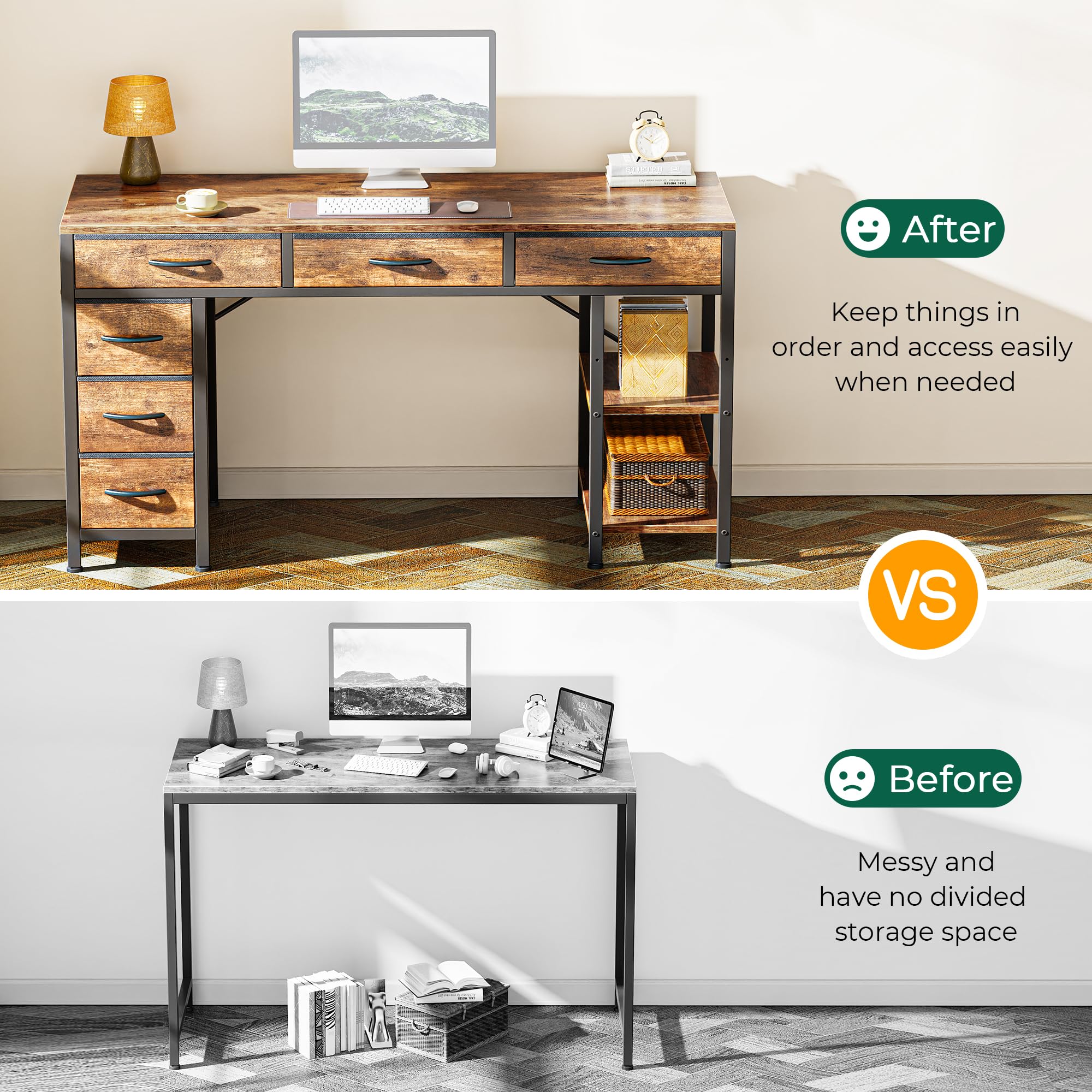Computer Desk with 6 Drawers, Office Desk with Shelves, Reversible Gaming Desk, Corner Desk with Storage, Work for Home Office, Study, Living Room, 47inch, Rustic Brown